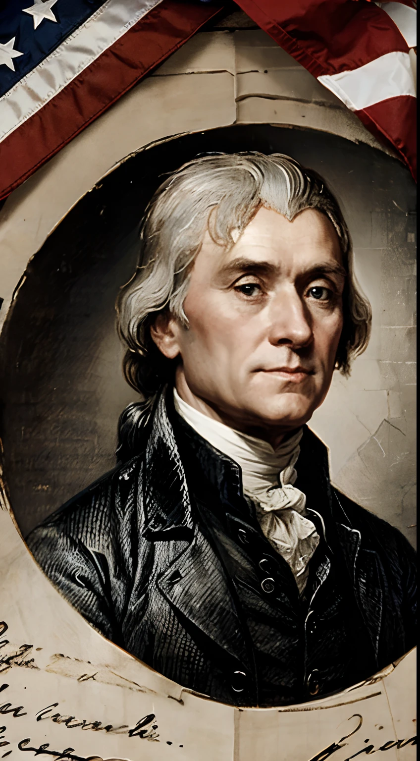 The United States Declaration of Independence was signed by Thomas Jefferson on July 4, 1776,Behind him is the United States flag