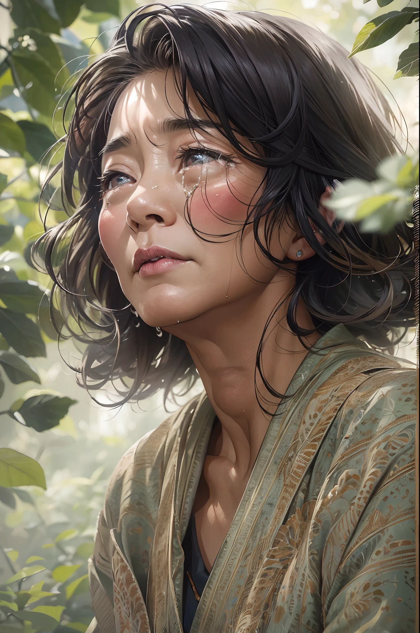 (best quality,4k,8k,highres,masterpiece:1.2),ultra-detailed,realistic:1.37,portraits,Asian woman,Korean, black hair,67 years old, old,tears,eye-catching gaze,expressive face,wrinkles,[ethereal,soft],[emotional,wistful],nostalgic color palette,subtle lighting, plainly dressed,natural backdrop,long hair gently blowing,colorful [floral backdrop,garden scenery],serene expression,carefully painted wrinkles,weathered skin,delicate eyes,long eyelashes,strong,relatable emotions,deep sorrow,highly detailed tears, crying gracefully falling,heartfelt emotions,rich texture,layered brushwork,gentle brushstrokes,wise and experienced,aging beauty,inner strength,quiet resilience