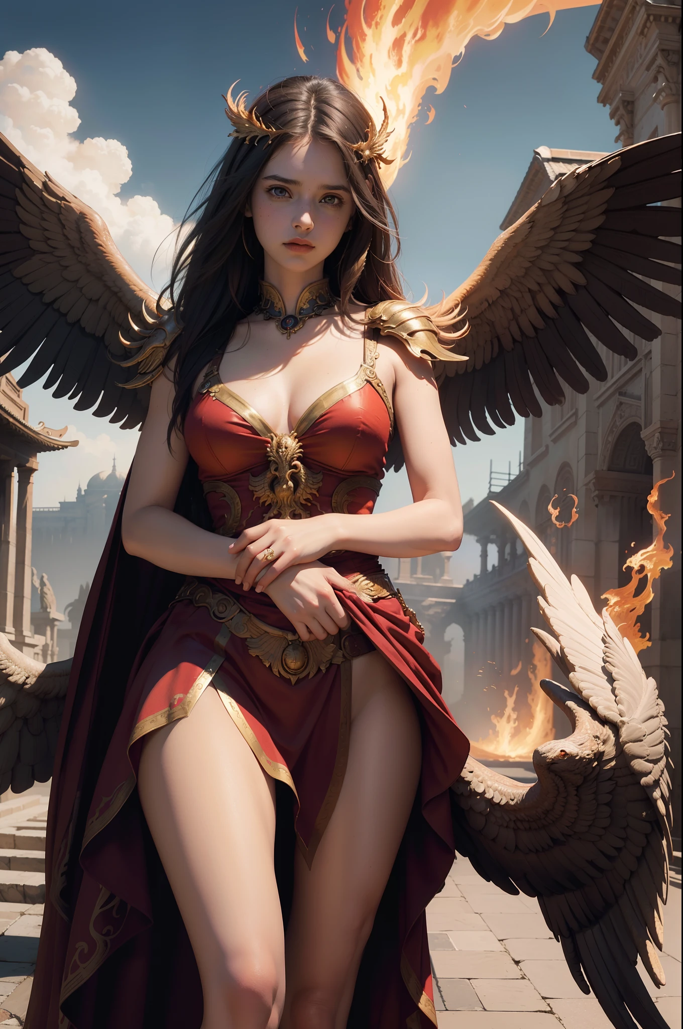 fantastic realism, masterpiece, super detailed, 1 beautiful girl, hugging a giant phoenix, plain, background Fiery Temple, detailed background, (top quality, Alessandro Casa Grande, Greg Rutkowski, Sally Mann, concept art, 4k),