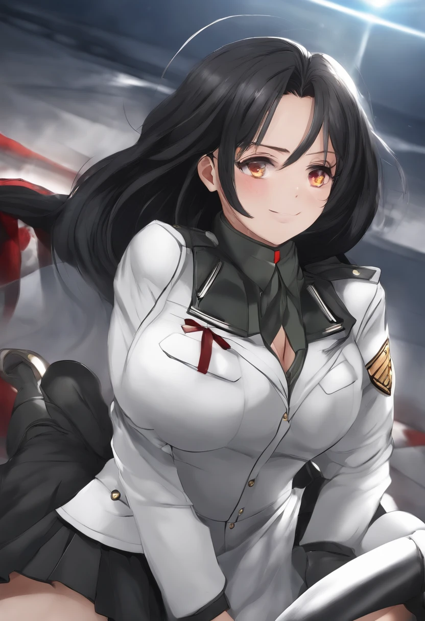 master part, Qualidade Superior, Cidade arruinada e fogo ao fundo, Anime girl in uniform kneeling on the floor, branco nazista SS Militari, 4K manga wallpaper, bleach, Exterminador, shalltear bloodfallen, Badass anime 8k, Gapmoe Yander, Yandere, albedo de Anime Overlord, Sorriso arrepiante, riso louco, Riso angulado nos cantos da boca, Cabelo preto Cabelo comprido, minissaia branca, Uniforme militar branco de manga comprida