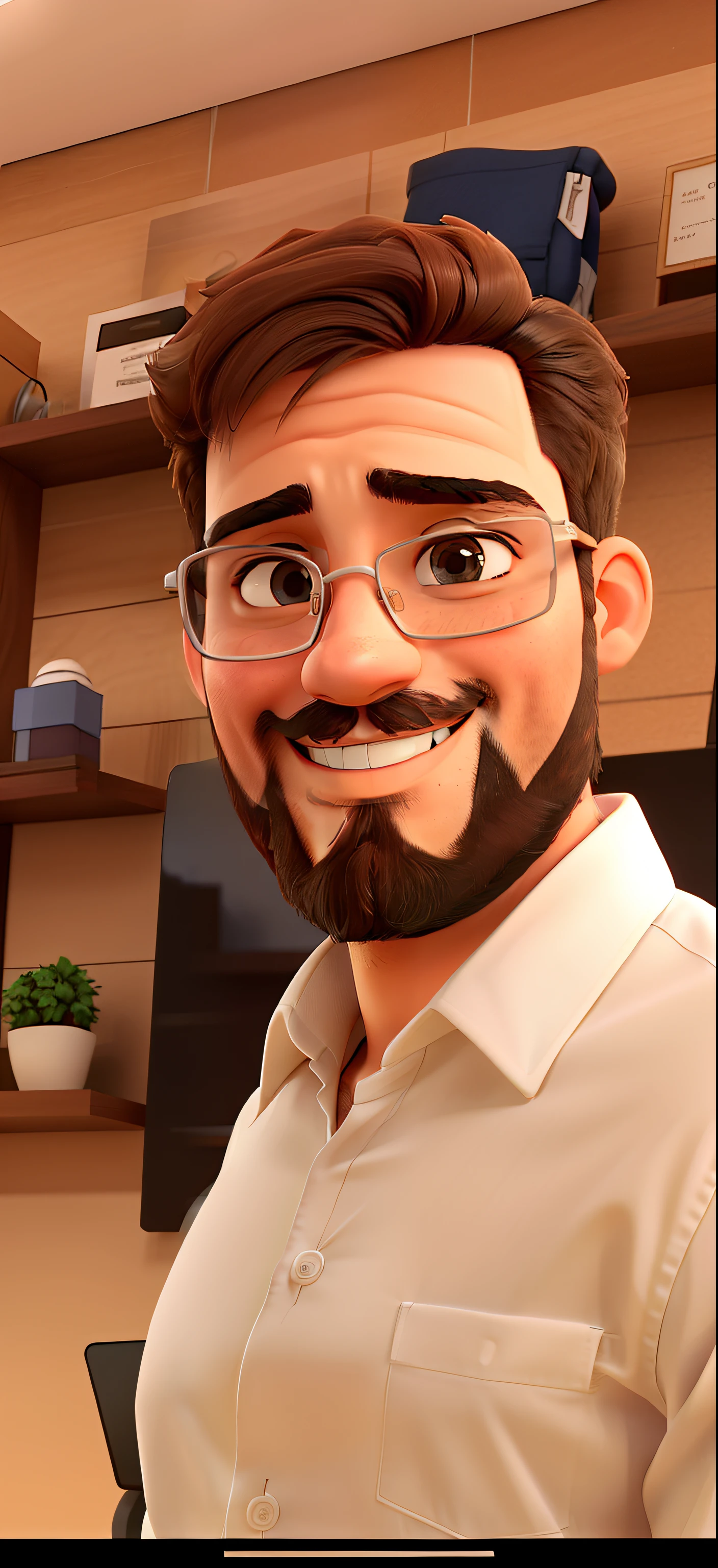 Um jovem empreendedor de 28 anos, com barba, Glasses and white dress shirt smiling.
