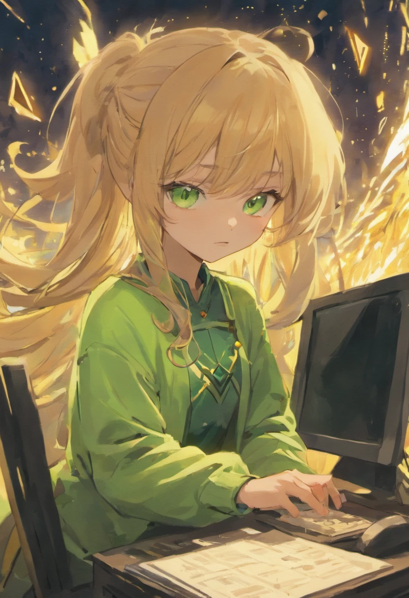 A young girl studying with computer in hand Light skin and hair and green eyes