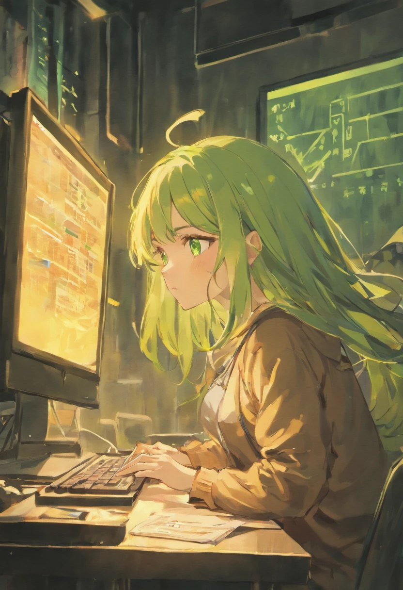 A young girl studying with computer in hand Light skin and hair and green eyes