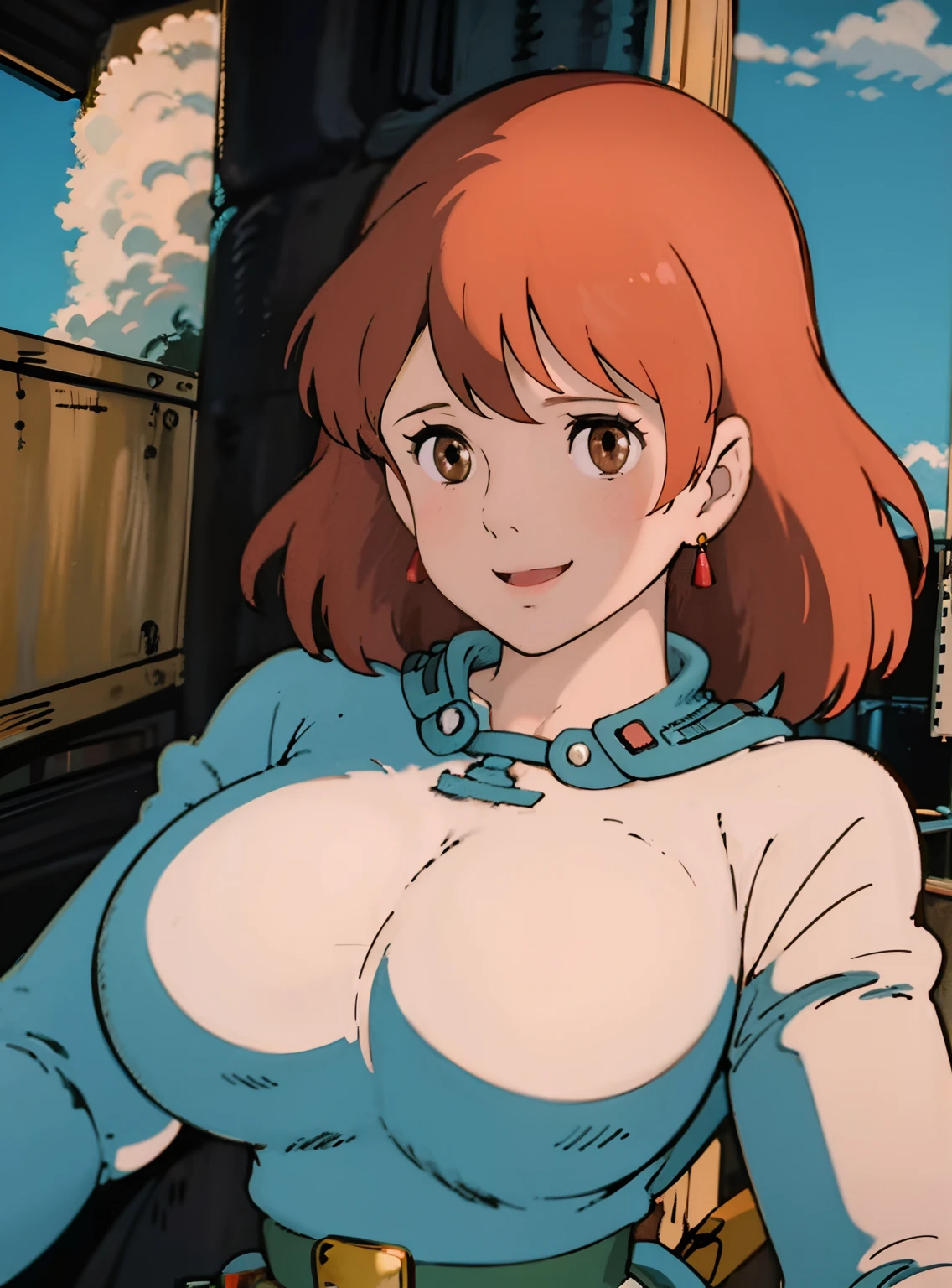 Masterpiece, High quality, 1girll, (Masterpiece:1.4), (best qualtiy:1.4), (high resolution:1.4), 1girll, Redhead, Brown eyes, Smile, Nausicaa, sfv, earring, huge tit, Crazy swollen breasts, Fitness model