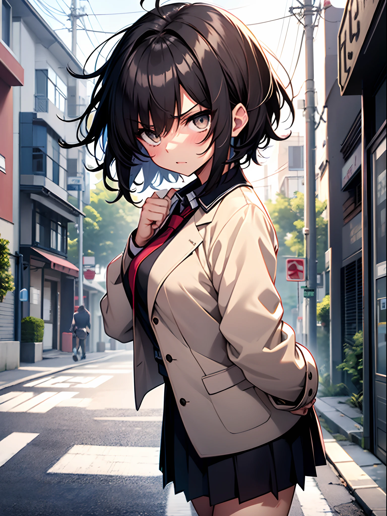 1girl, black hair, short hair, messy hair, white eyes, big pupil, expressive face, medium chest size, blushing but also angry, shouting at me, blazer school uniform, tie, holding my hands, walking in the hometown road, teen girl