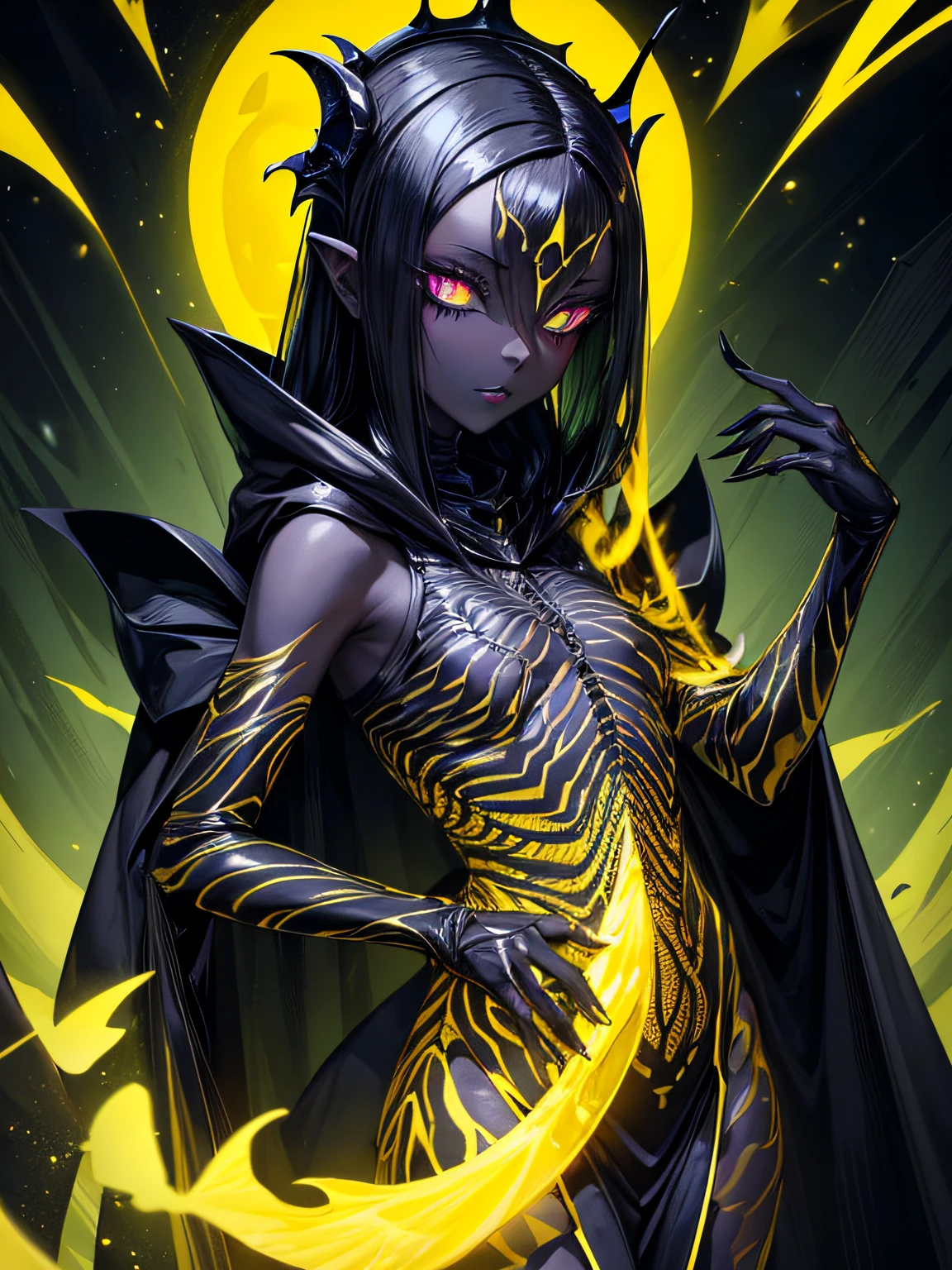 Masterpiece, elegance and danger, gloomy character, elegant insect girl, alien, (dark-black-scaly-chitin-skin), black skin, lots of yellow glowing insect eyes, hi-tech black equipment, sharp fingers, long cloak shaped chitin hair, green glowing hi-tech pisto