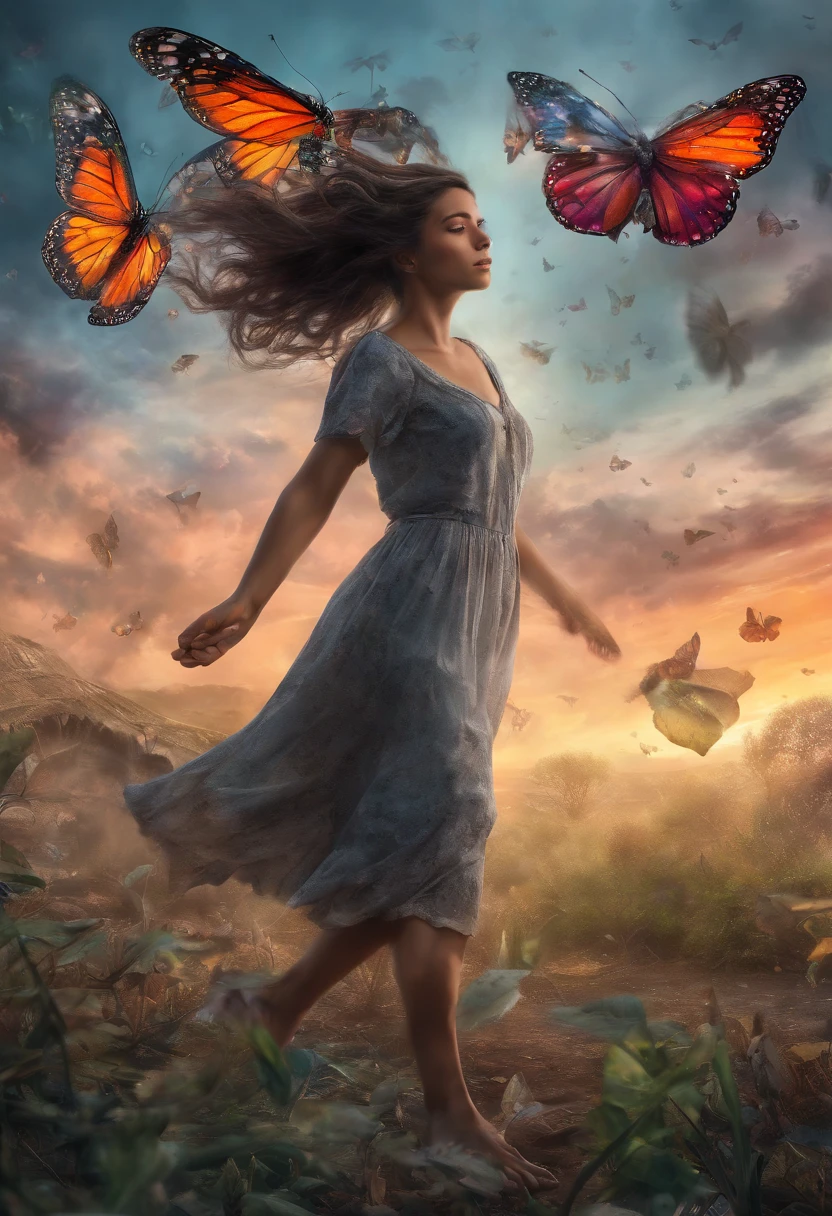 "So I escape the sadness" The image depicts a surreal scenario, with a vibrant and colorful sky in the background. To the left of the image, There's a human figure running at high speed, With her arms outstretched in the air and a radiant smile on her face. behind the figure, There's a dark, melancholy haze, representando a tristeza. Enquanto a figura corre, The mist dissipates and turns into colorful butterflies that fly towards the sky. As the figure progresses, as cores intensificam-se e a paisagem ao redor ganha vida, Representing the overcoming of sadness. This image conveys the idea of escaping sadness through movement and transformation.