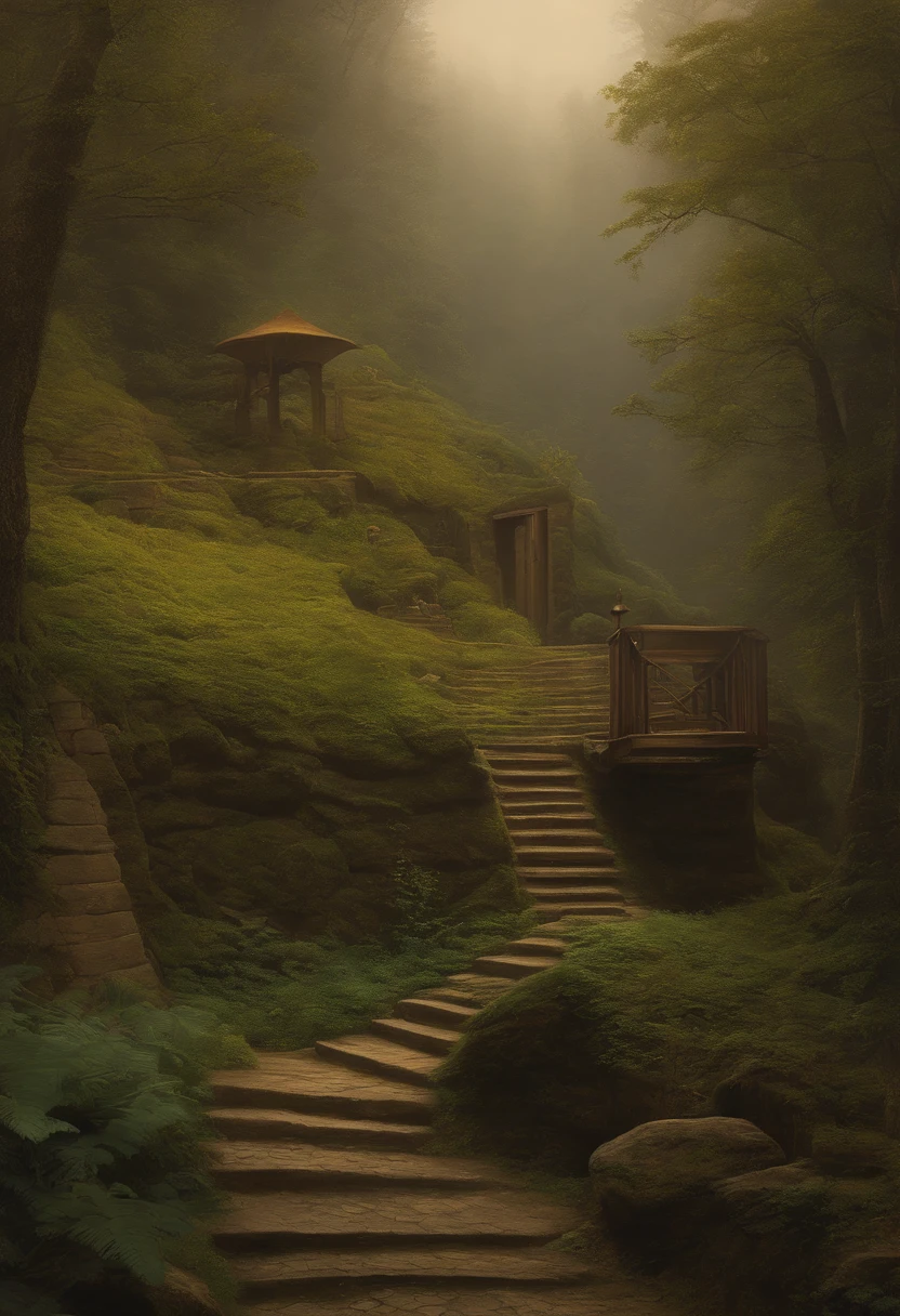 Myst, de Thomas Kinkade, Aron Wiesenfeld e Beksincki e Adrianus Eversen e GEDIMINAS PRANCKEVICIUS e ESCHER, Texturas intrincadamente refinadas, Detalhes da pintura fosca, cor profunda, genial, Detalhes intrincados