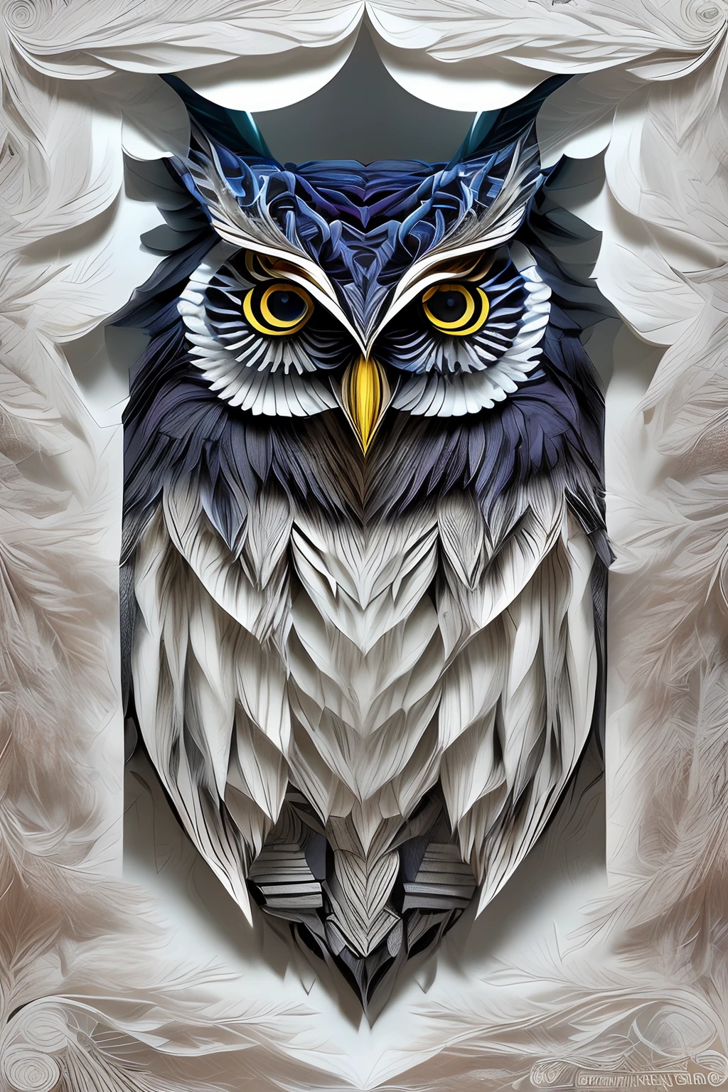 （Colorful owls，eyes with brightness，Radar-like ears，Sharp mouth，sharp talons），White background，(paper art, Quilted paper art:1.2, geomerty:1.1, zentangle,a 3D render), (Extremely colorful, Best quality, Detailed details, Masterpiece, offcial art, movie light effect, 4K)