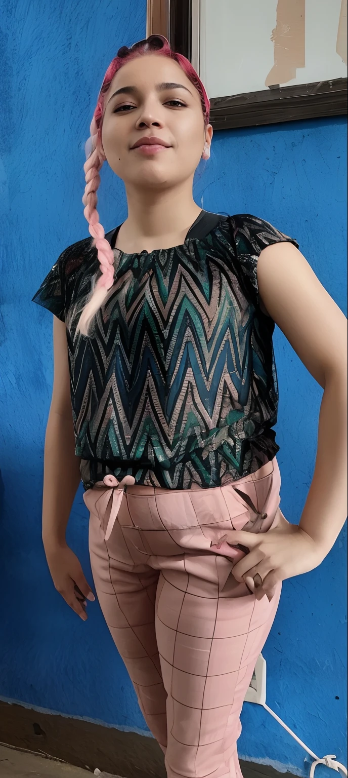 there is a woman with pink hair and a black top, Topo de colheita, top chique, top bonito, Directed by: Nandor Soldier, imagem frontal, roupas estampadas, Frente cheia, imagem detalhada, Vista lateral superior frontal, usando um top de grife, Beautiful image, Directed by: Ramon Silva, by Amelia Peláez, Girl standing, usando um top bonito