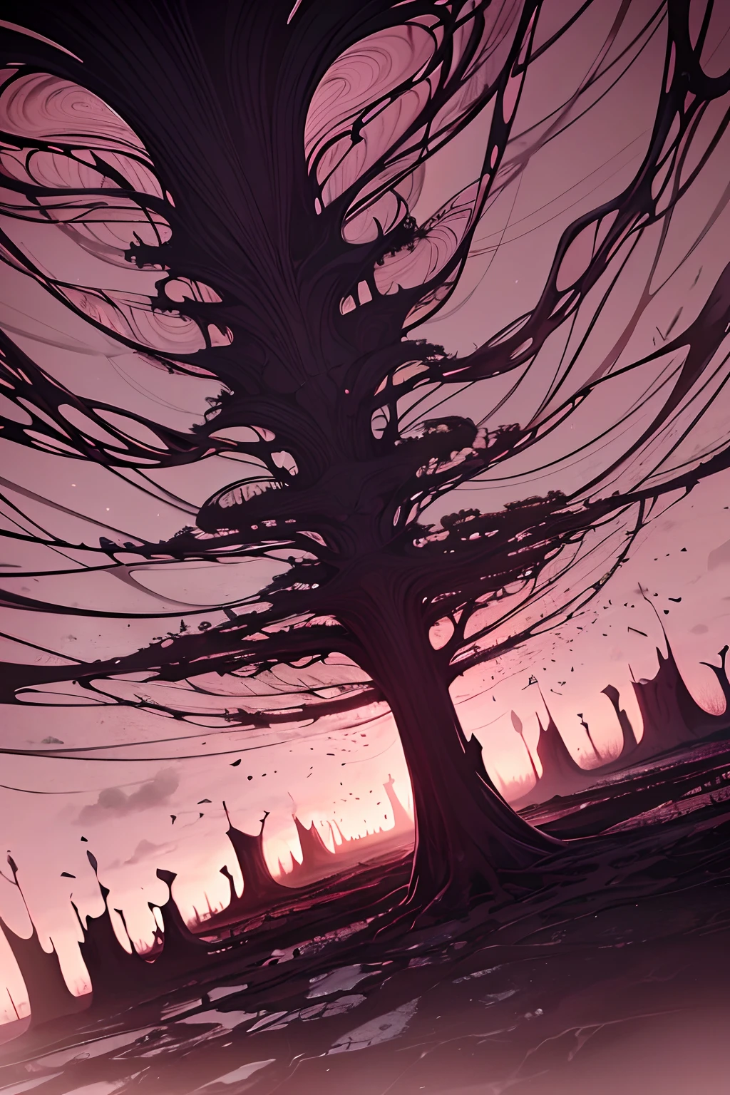 Generate an illustration of a chaotic world, the sky is a red expansive void, covered with criss-crossing black lines and swirling shapes, oceans of black ink-like substance. the flat landscape is infested with jumbled roots and the trees are twisted in chaotic, hellish forms with blades of grass and vines. Masterpiece, 8k, high resolution, highly detailed.