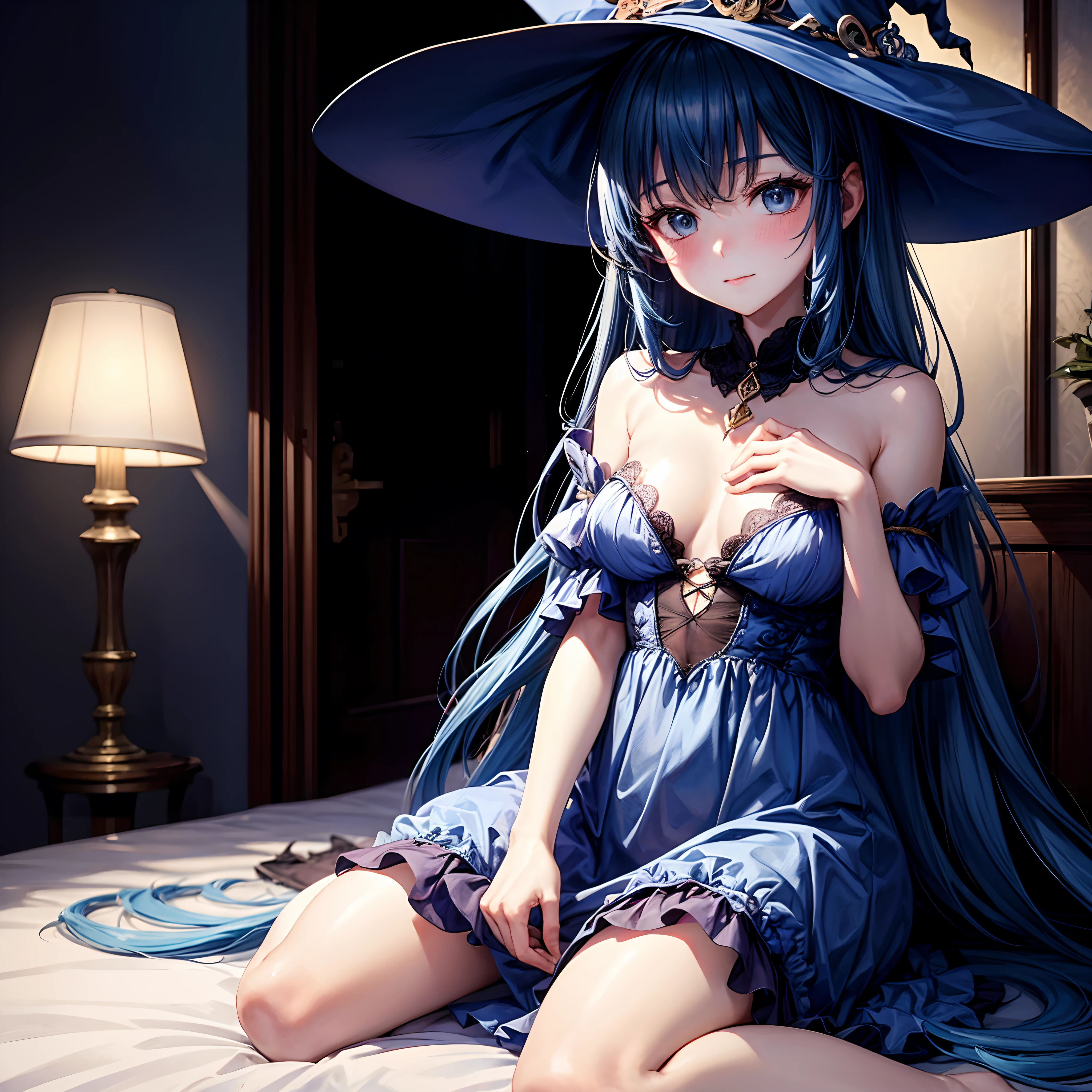 realisitic、top-quality、lying on the bed,　(One woman:1.5)、Long hair, Gentle, Blushing, Witch, Blue hair, blue costume、witch hat、Cute、medium chest