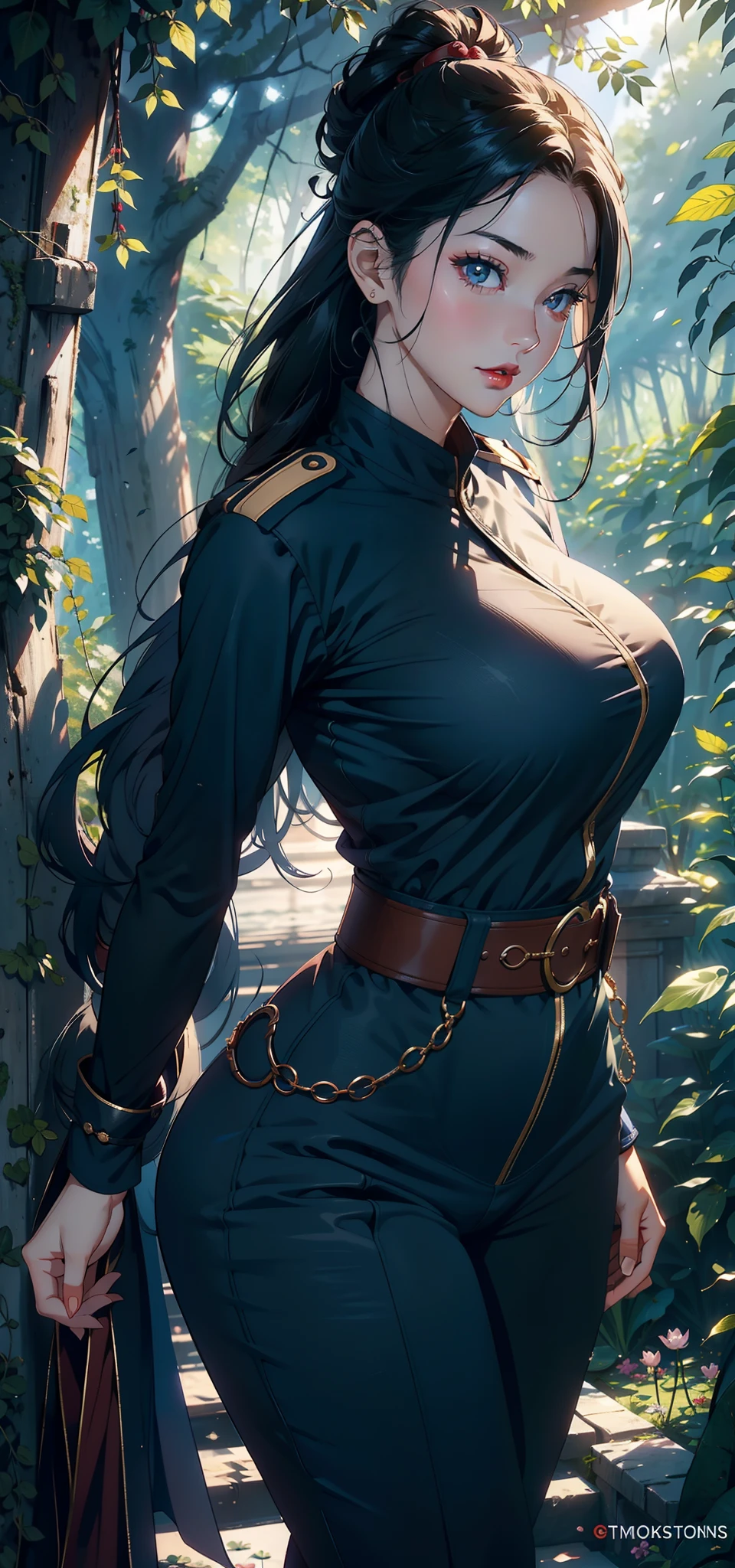 1female，41 years old，MILF，A MILF ，Married Woman， mature，plumw，extremely large bosom ，Pornographic exposure， solo，（Background with：stunning view，Birch forest，ruins，There is a lot of war）Snow-white skin， She has short black hair，，seen from the front， hair straight，（（（tmasterpiece），（Very detailed CG unity 8K wallpaper），best qualtiy，cinmatic lighting，detailed back ground，beatiful detailed eyes，Bright pupils，Redlip（Very fine and beautiful），（Beautiful and detailed eye description），ultra - detailed，tmasterpiece，）），facing at camera，A high resolution，ultra - detailed），revealing breasts，Bare genitalia，  Bulge，legs are open，Raised sexy，Camel toes，Flushed complexion，Soviet Red Army，frontage，military hat（Wearing：Dark green officer uniform，Tactical belt，Black tights）Holding a sword，With a gun