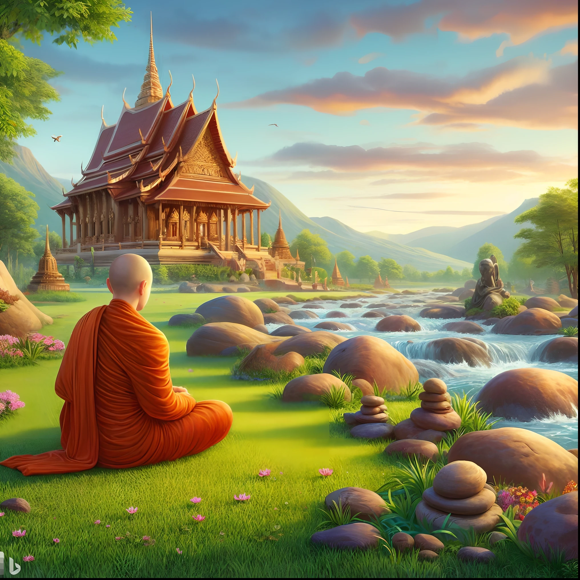 a monk sitting on the grass in front of a temple, monk meditate, buddhist monk meditating, buddhism, thailand art, buddhist monk, on path to enlightenment, temple background, serene illustration, on the path to enlightenment, tithi luadthong, hindu stages of meditation, relaxing concept art, zen temple background, monk, inspired by Kerembeyit, meditating