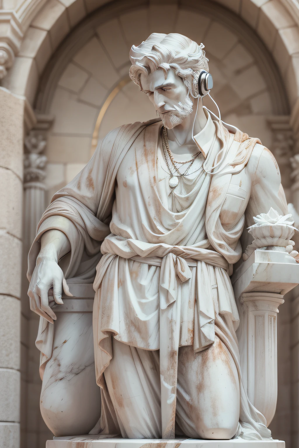 A white marble statue of a man with headset, feliz, todo esculpido em pedra, philosopher, Estoicismo, fotorrealismo, fotografia profissional, fundo escuro, full body shot