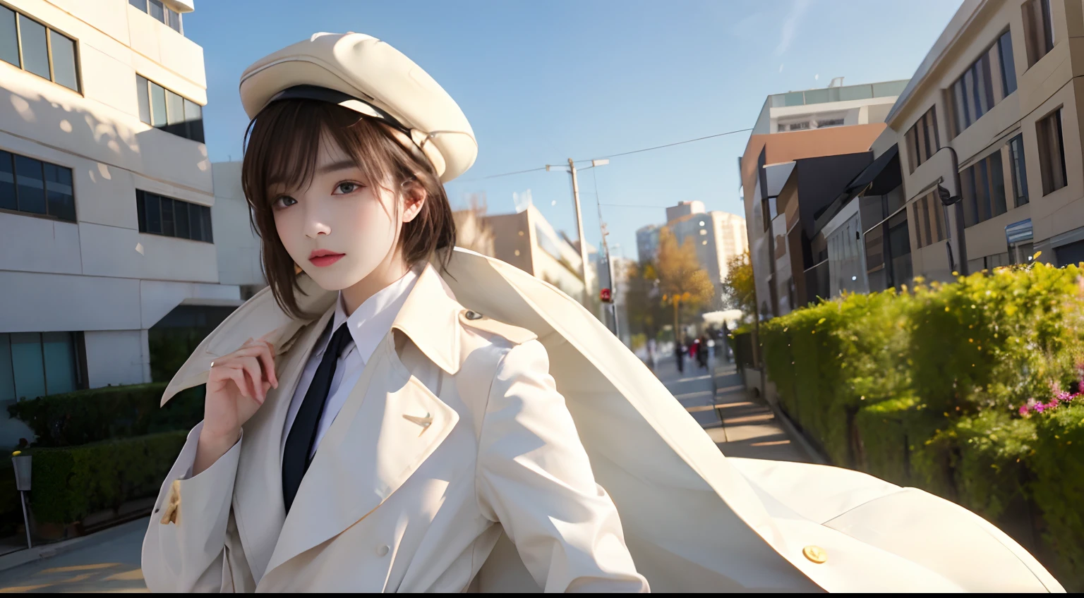 a girl，Wear a loose white trench coat，Has a pair of long legs，On campus，youthfulness，Have temperament,full bodyesbian,Best quality, Highly detailed