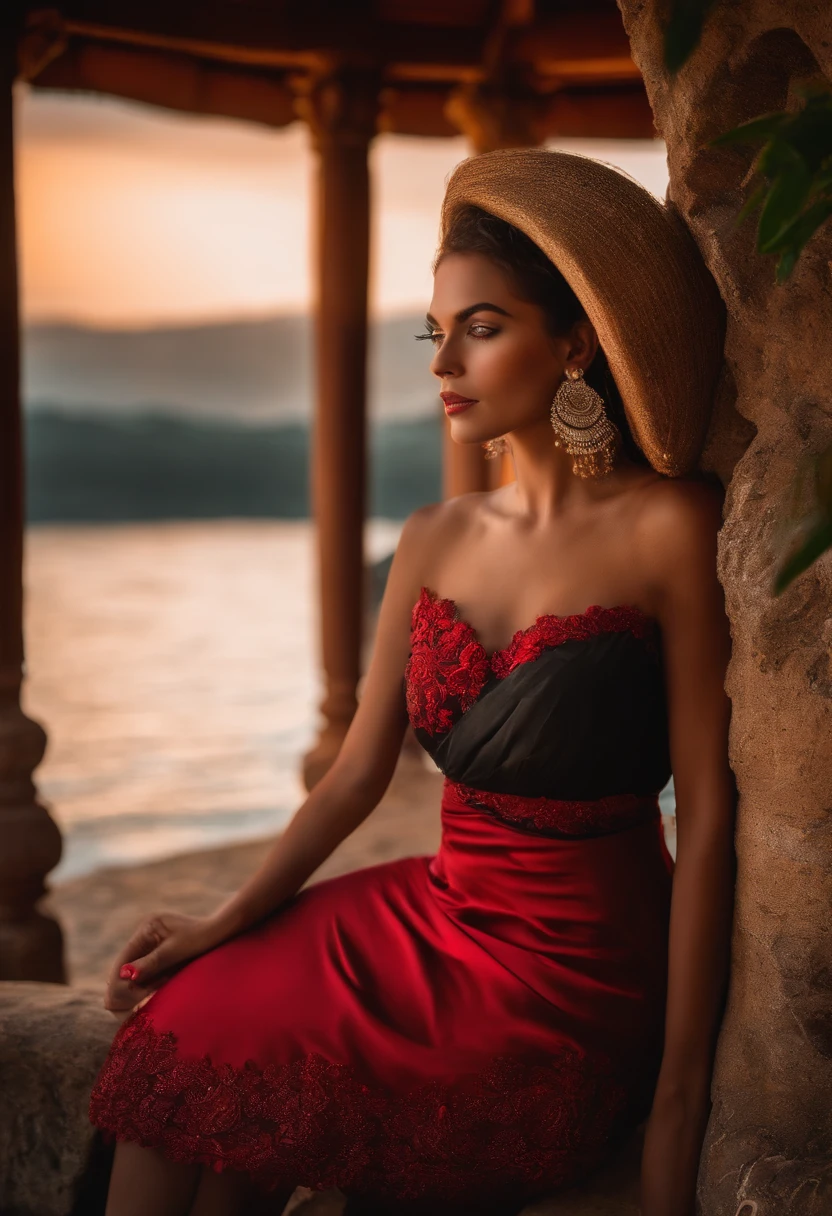 Garota de pele clara bem suave olhos azuis, batom vermelho, vestido preto, cabelos dourados,  luz natural,  Near the lagoon, foto de meio corpo, foto qualidade raw