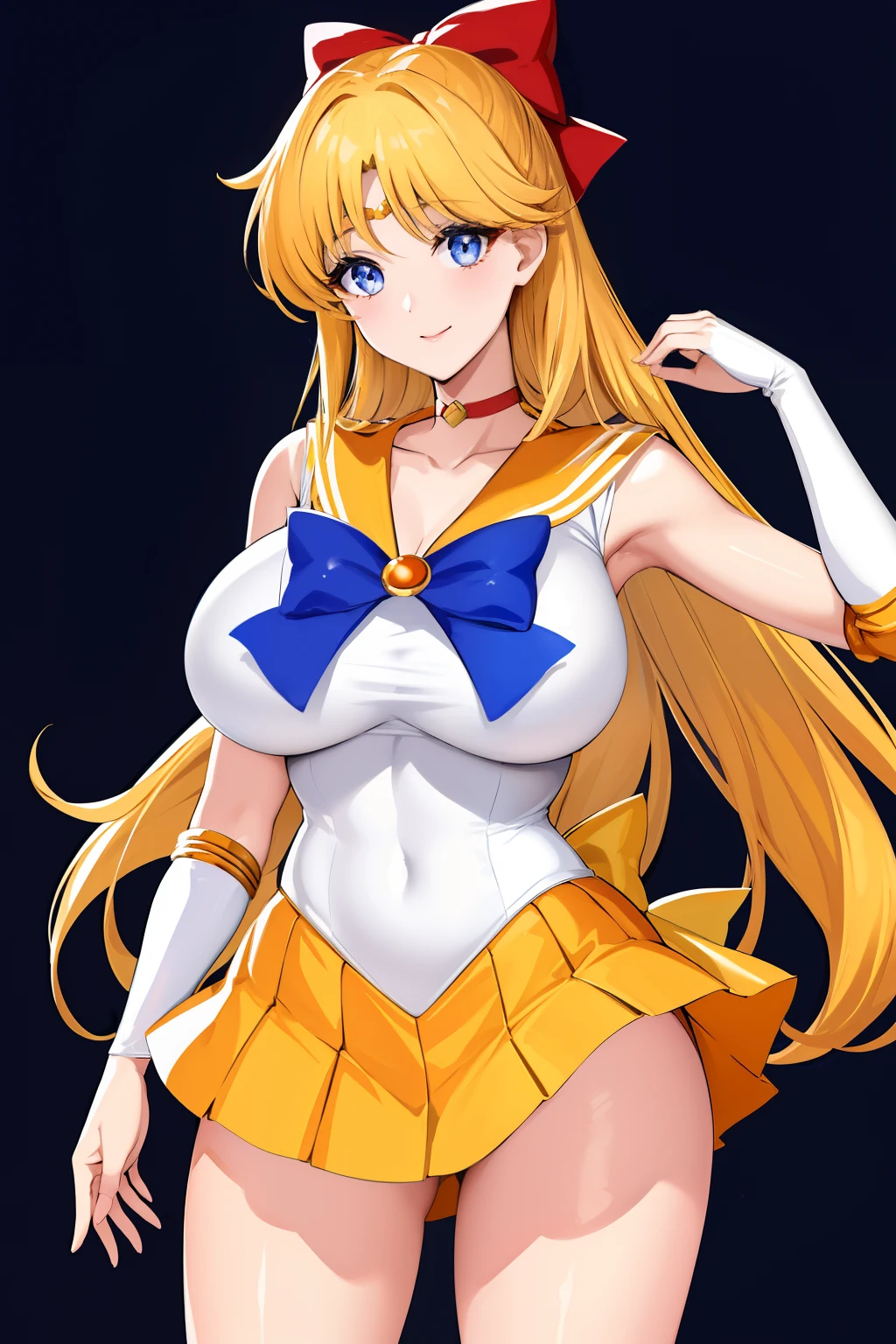 top-quality、​masterpiece、Sailor Senshi Uniform、Anime Aunt、A MILF、Older、a matural female、Woman in her 40s、MILF、aino minako、Orange Choker、Golden Choker、white glove、elbowgloves、sailorvenus、bow、skirt、solo、Very long blonde woman、Orange sailor collar、Golden sailor collar、purple bowtie、Orange skirt、Golden skirt、magical little girl、back_bow、Blue-eyed woman、red_bow、jewelry、circlet、耳Nipple Ring、hair_bow、White leotard、highleg leotard、robe blanche、a miniskirt、pleatedskirt、smile、Half Up Hair、rating:safe、Woman standing、ass_visible_through_thighs、cowboy_shot、rating:questionable、Leotila、looking_at_viewer、Woman with very large breasts、huge tit、black_background、blue_background、shiny、a miniskirt、pleatedskirt、collarbone、bangs、Bare shoulders、bare legs、rei hino as a princess、(1990's\(styles\):0.9)