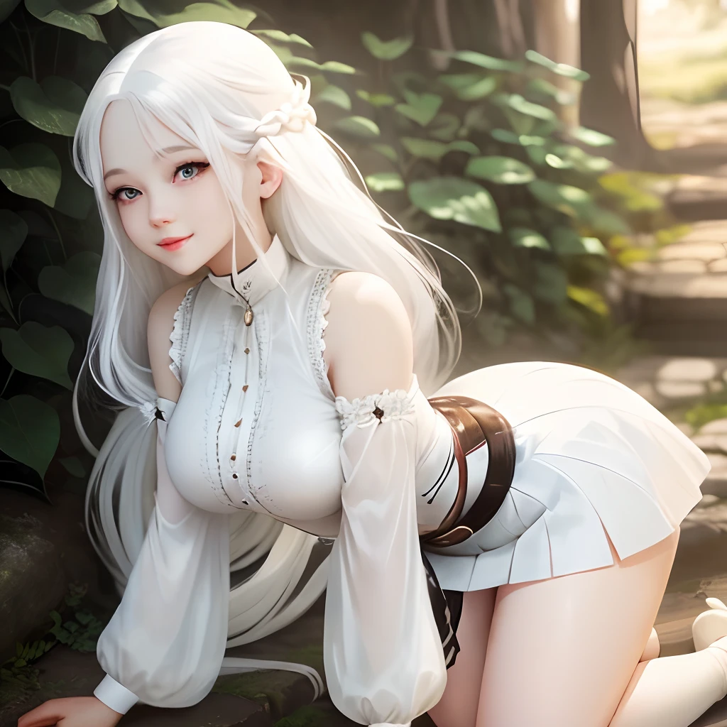 crawl a beauty girl White hair moderately sized breasts length hair white clothes Short skirt smil Eye
