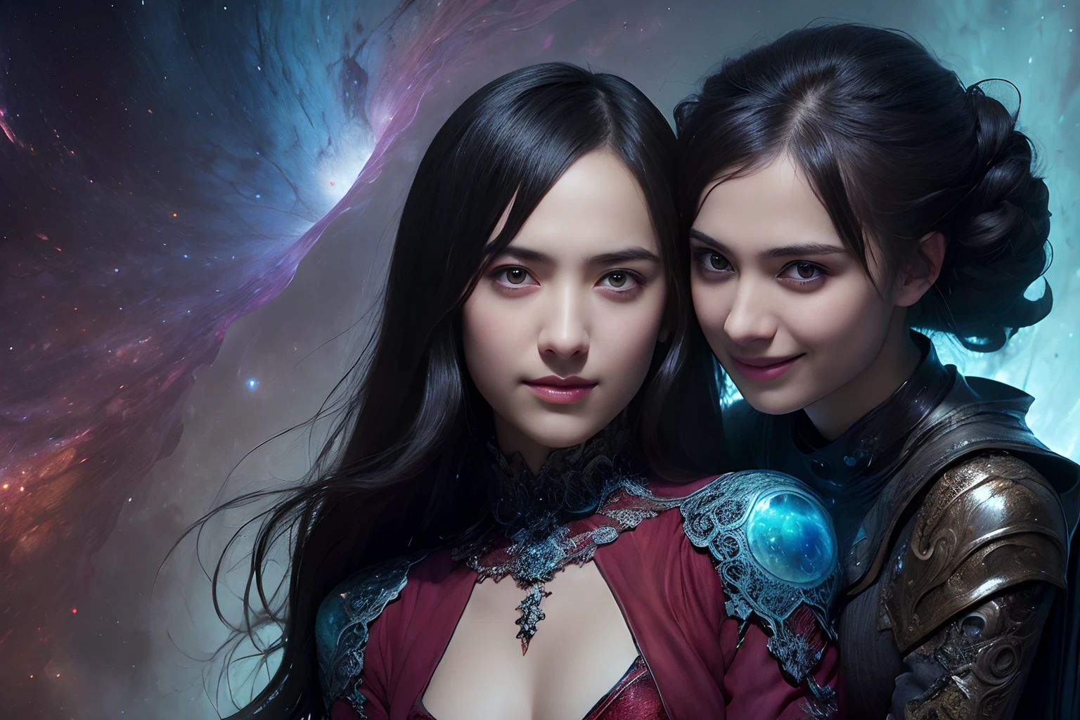 (Two beautiful teenage italian girls:1.6), Close friends, (They are hugging each other:1.2), Kiss her cheek or chest,(Detailed iridescent bodysuit with beautiful fractal or marble design:1.5), Incredible and spectacular scenes, ((High quality)), ((Detailed)), ((Fantasy)), Blue Plasma Brain, Green Plasma Body, Vulgarity, beutiful breast, obscenity, (Lewd smile:1.2), coarse, Obscene, mean, (raunchy:1.2), (Immoral:1.2), Lachish, (small breasts with beautiful raised pink areolas:1.5), (Cameltoe), (Expression of ecstasy:1.2), Photorealistic, Official art, unity 8k wall paper, 8K Portrait, Best Quality, Very high resolution, (Incredibly beautiful nature background:1.6), (18 years old:1.5), (Sexy and glamorous:1.1), (A coquettish expression:1.6), (seductively smiling:1.6), (erotic posing:1.9), (Model Posing:1.8), Beautiful seductive face, Portrait, (Thick eyebrows:1.4), (Big scarlet eyes:1.6), Beautiful eyes with fine symmetry, (Ultra detailed eyes:1.4),(Highly detailed face and eyes:1.7), (High resolution red eyes:1.8), Intimate face, (ultra detailed skin texture:1.4), White skin, pale skin, Perfect Anatomy, Thin, (Beautiful toned body:1.5), highly detailed hair, Hair Bow, (Moist skin:1.2), No makeup, (dark circles:1.1), Good anatomy, Focus Face, good-looking, (Emilia Clark:0.6) (Emma watson:0.3),(Jennifer Connelly:0.4), (sensual face:1.5), Elegant face, Nice, Dolce, (Around her neck is a simple necklace of exquisite workmanship), (Bioluminescence with brilliant brilliance:1.4), (Luminous magic circle:1.5), Ruins of an ancient castle, Shining majestic cloud masses and sky, lightning bolt, Epic Realistic, (Greg Rutkowski:0.8), (teal and orange:0.4), (Art Station:1.5), Cinematic, (nsfw:1.2), Hyper Detailed, Dramatic light, (Intricate details:1.1), Beautiful black hair, (Wearing a gauntlet with a dense and very beautiful design decorated with jewels:1.1), Small chest, Galaxy, (Nebula:1.6)