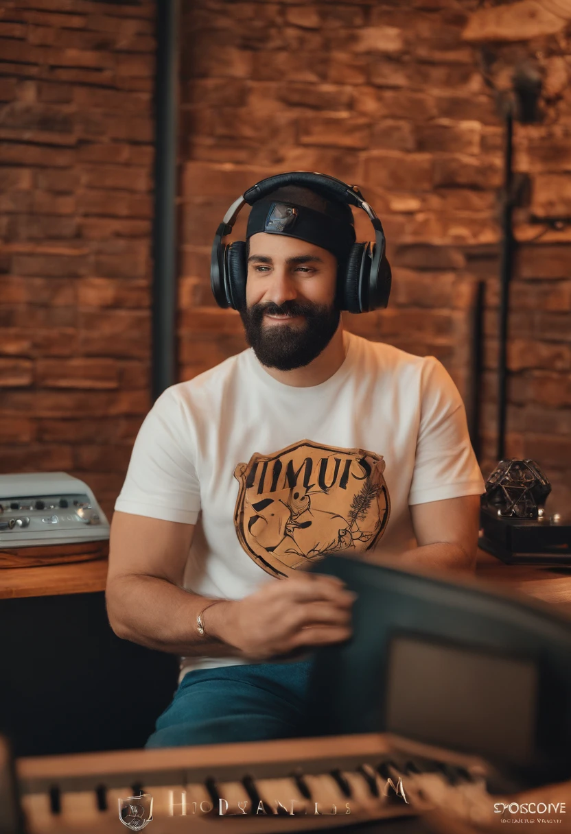 um homem, em breve, barba curta, olhos castanhos, com fones de ouvido, A music studio in the background, Imagem no estilo Pixar, Estilo de filme animado 3D, Disney, camiseta preta