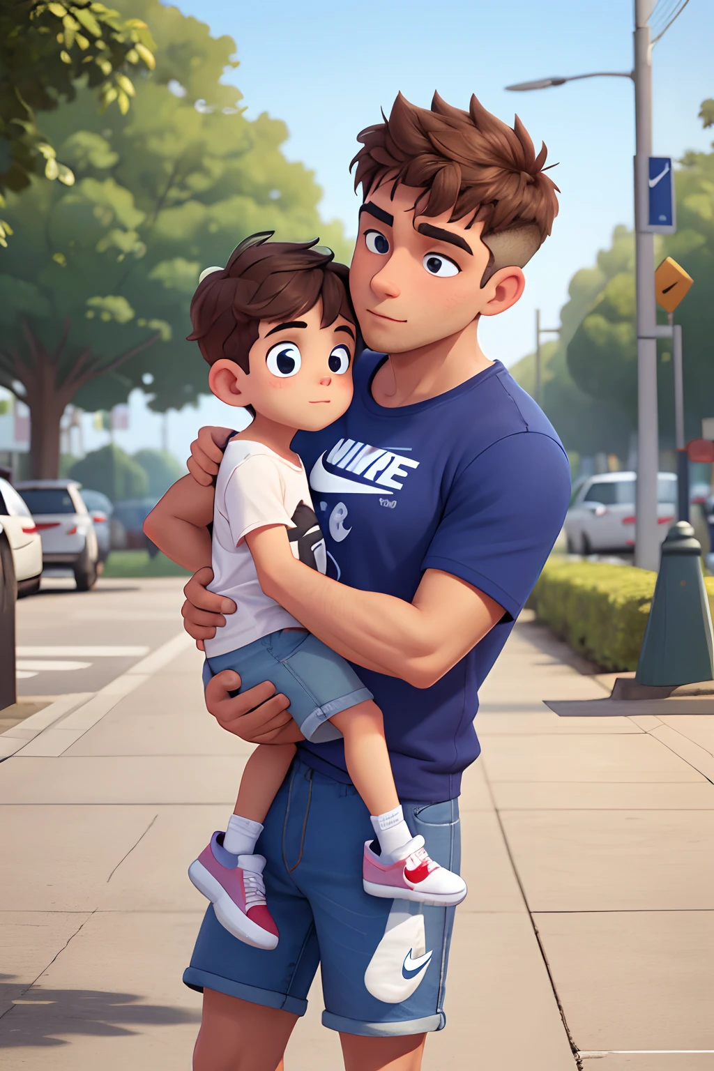 "Daddy kissing his  boy on the cheek", light brown hair, Father Spotted Wearing Jeans, Vasco da Gama shirt and Nike dunk panda sneakers, Littles seen wearing shorts, Vasco da Gama shirt and Nike dunk panda sneakers, Realistic, high resolution, alta qualidade, extremely high quality, best quality, Ultra Detalhado, extremamente detalhado,