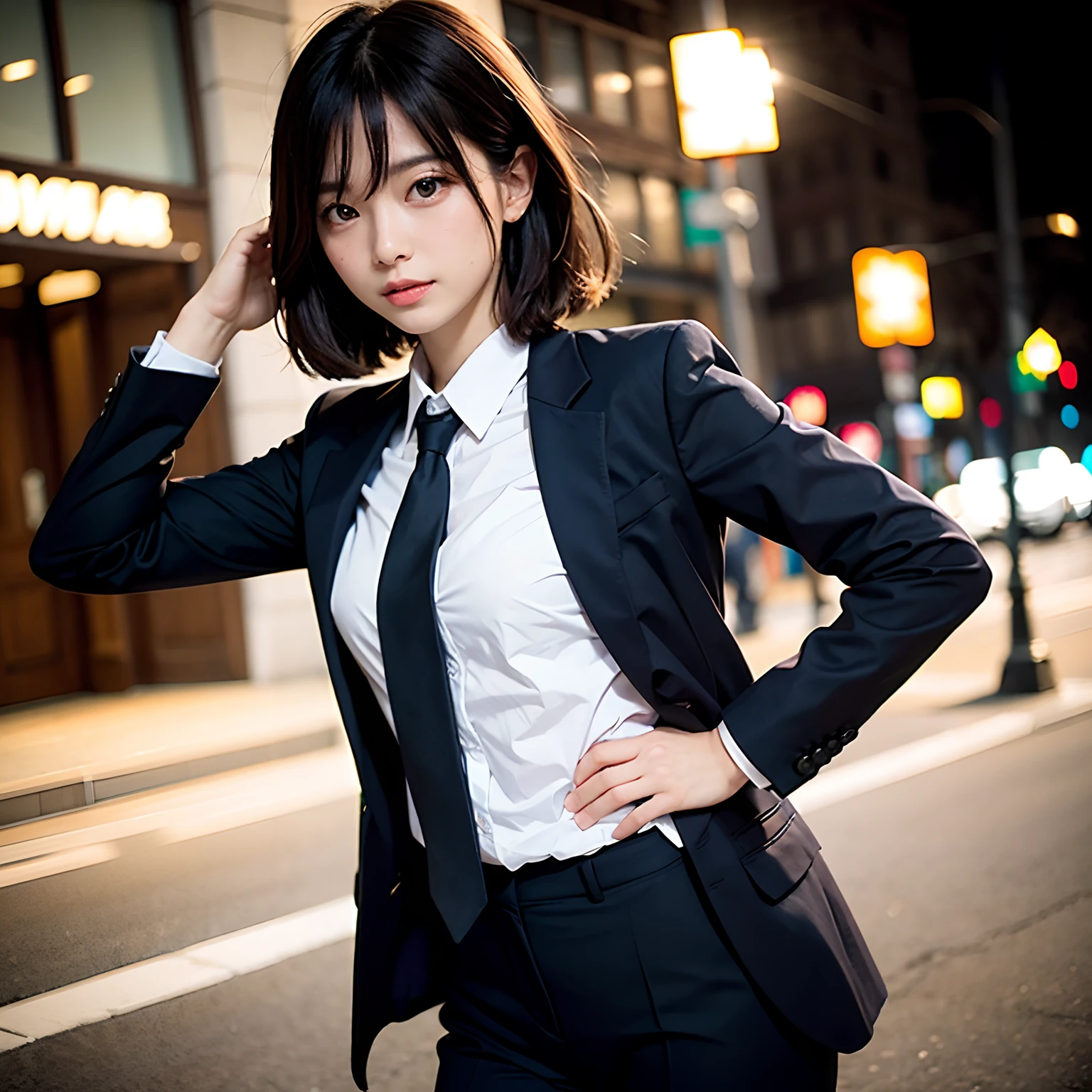 a 20 year old face of the most beautiful actress in the world, the perfect body proportions of a female, tight blazer is worn with formal shirt on female upper body, panties of female crotch between bare legs under short skirt are seeable, the short hair cut for a female, standing, at the city street, nsfw, best quality, highly detailed, masterpiece, ultra high res, photo realistic, 8k