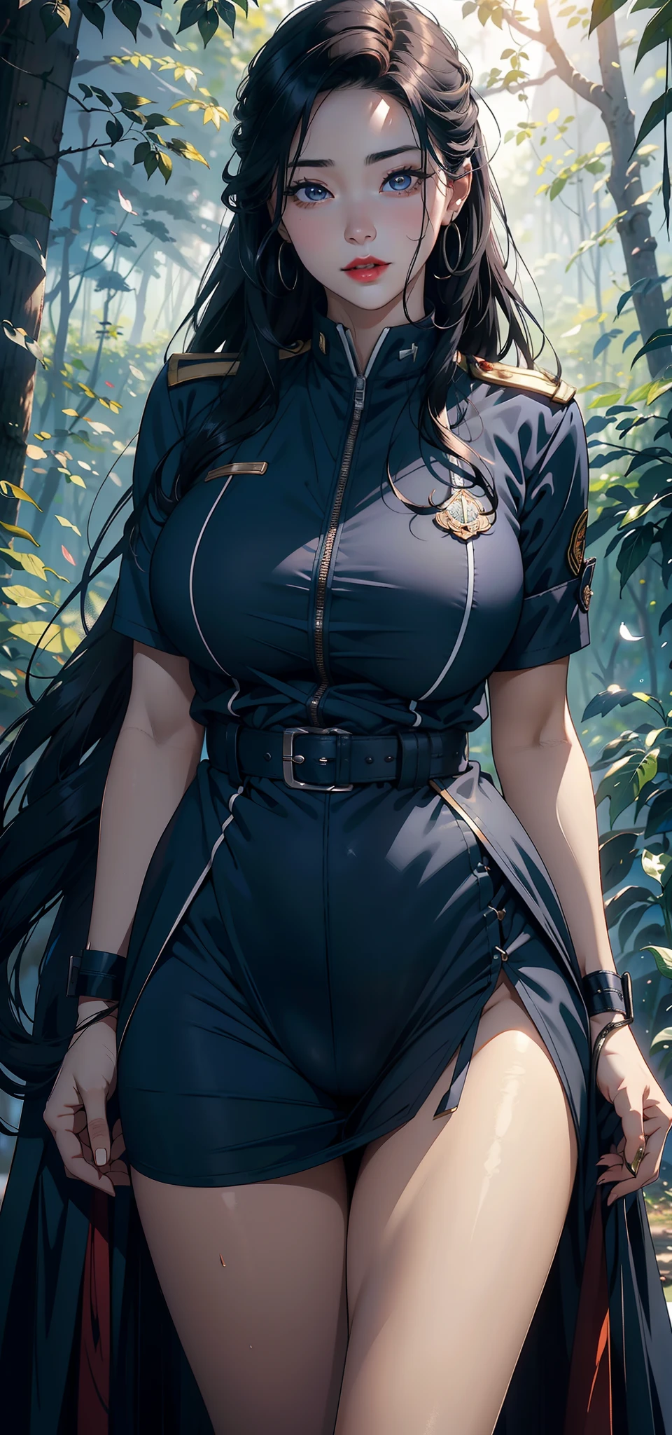 1female，45 yers old，Married Woman，熟妇，mature，plumw，extremely large bosom，Big breasts Thin waist，long leges， 独奏，（Background with：Cherry blossom forest，ponds，lotus flower）Stand deep in the forest，Open your legs， She has long black hair，bobo head，，seen from the front， standing in forest， mostly cloudy sky，（（（tmasterpiece），（Very detailed CG unity 8K wallpaper），best qualtiy，cinmatic lighting，detailed back ground，beatiful detailed eyes，Bright pupils，Black eyes，Snow-whiteskin，Redlip（Very fine and beautiful），（Beautiful and detailed eye description），ultra - detailed，tmasterpiece，））facing at camera，A high resolution，ultra - detailed），laughingly，，  Bulge，legs are open，Raised sexy，Camel toes，Flushed complexion，Desire for dissatisfaction，frontage，miltary，Navy（Wearing：，Black tights，Blue military uniform，Officer uniform）