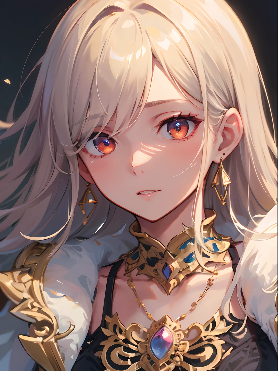 Masterpiece, high quality, girl, beautiful, glowing eyes, shinning hair, best aesthetic, high detail, 4k, award winning, beautiful shot, beautiful face, gentle and calm, perfect composition, nice angle, earring, necklace, intricate, high detail quality cg artstyle,, professional illustration