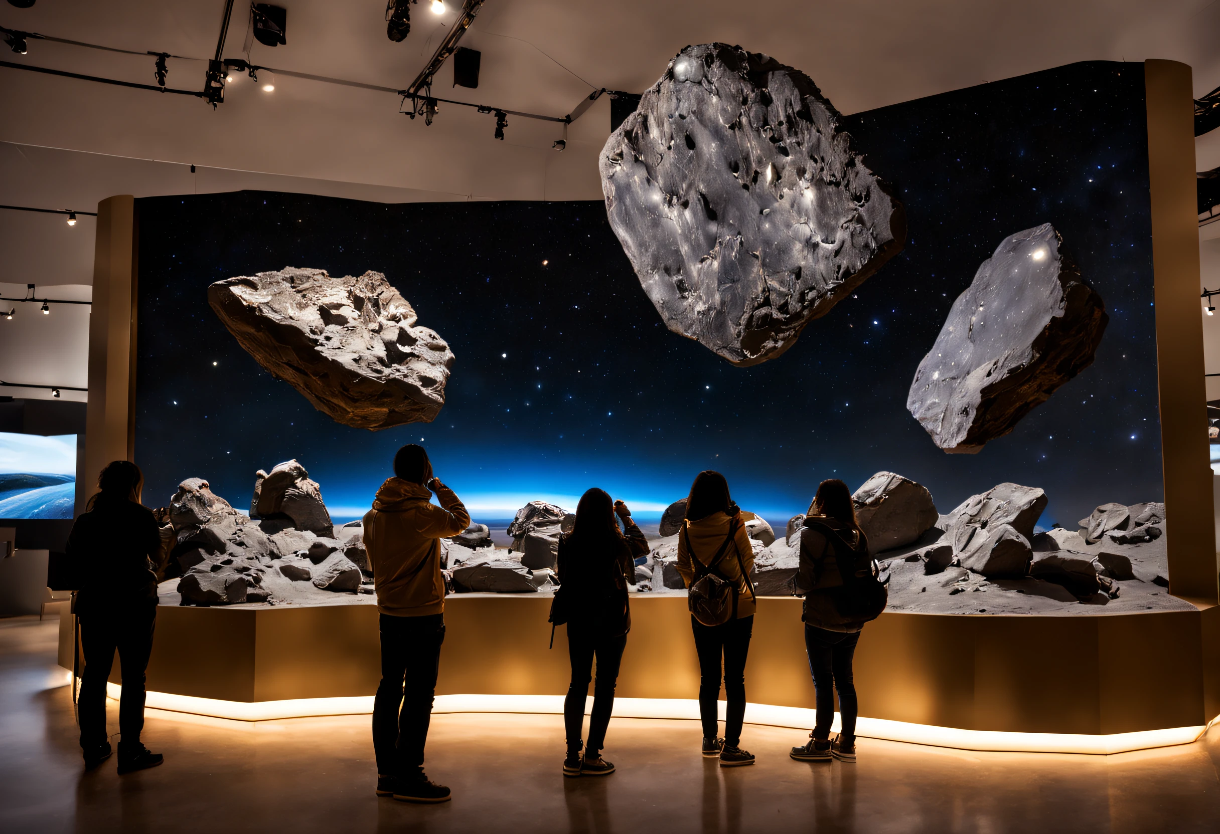 (best quality, 4k, 8k, high resolution, masterpiece: 1.2), ultra detailed, (realistic, photorealistic, photorealistic: 1.37), (a detailed, vibrant illustration)meteorite exhibition(museum display,guided tour,educational experience,interactive exhibits),astronomy museum,visitors,scientists,enthusiasts(exploring,observing,examining,analyzing),astronomy enthusiasts,gazing in awe,impressive meteorites,various shapes,sizes,textures,fascinating cosmic rocks,space exploration,evolution of the universe,meteoroid impacts,on-site experts,enthusiastic explanations,unique meteor samples,hidden gems,scientific history,ancient civilizations,meteorite craters,enigmatic artifacts,interactive stations,learning experience,engaging exhibits,scientific discovery,unveiling the secrets of the cosmos,astral wonders,revealing the mysteries of the universe,best quality,ultra-detailed,realistic representation,vivid colors,professional lighting effects,bokeh,illuminating the meteorites,showcasing their beauty,awe-inspiring spectacle,mesmerized visitors,cosmic atmosphere,immersive journey,transformative exploration,enlightening encounter,inspiring curiosity,unforgettable experience.
