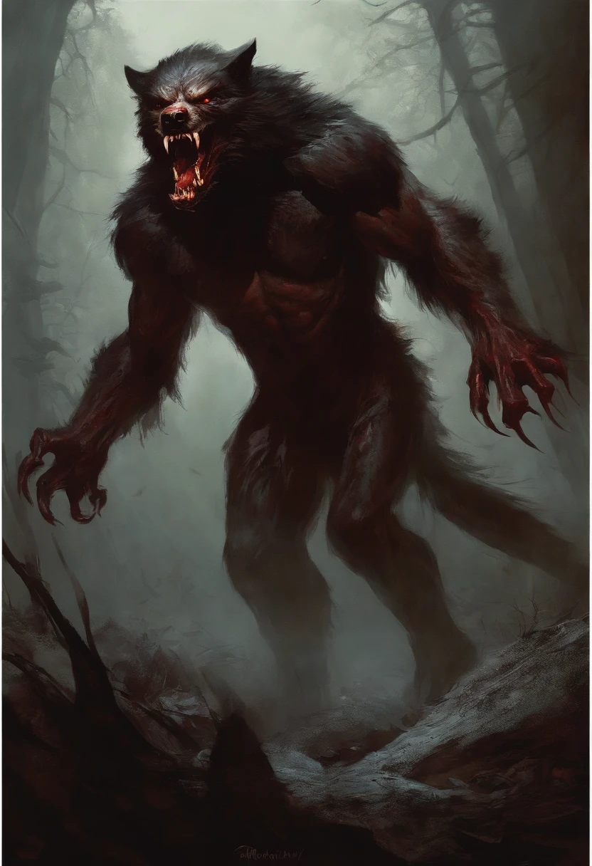 A painting of a werewolf creature with a bloodied fangs, carnage, Sci - Horror Art of Fiction, Science fiction horror artwork, inspired by Aleksi Briclot, wolf, de carnage, Horror fantasy art, par Aleksi Briclot, Horror concept art, venin, Art fantastique et horreur, Detailed illustration of 4K horror, beast creature, Dark Horror Art