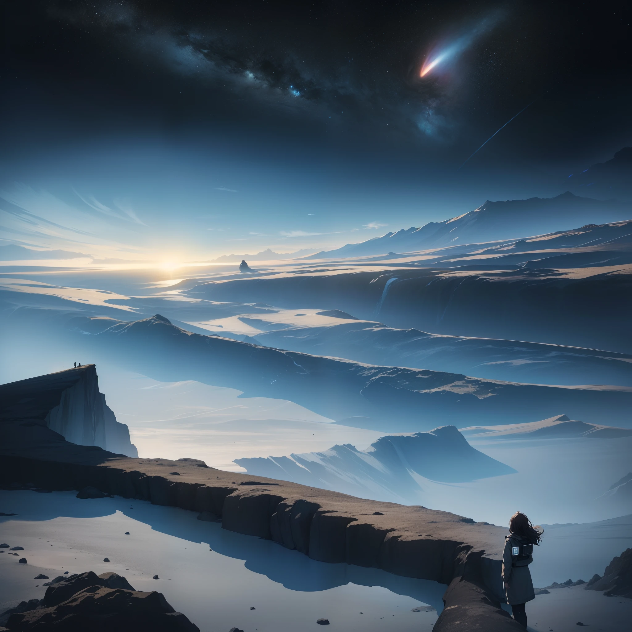 The illustration depicts a scene marked by a sense of isolation and desolation. The space around the character is a open natural landscape, looking up she sees a blackhole hanging in the plain sky with the clouds bending and refracting off of its gravitational pull, signifying a sense of doom and gloom as to what will happen to the planet.