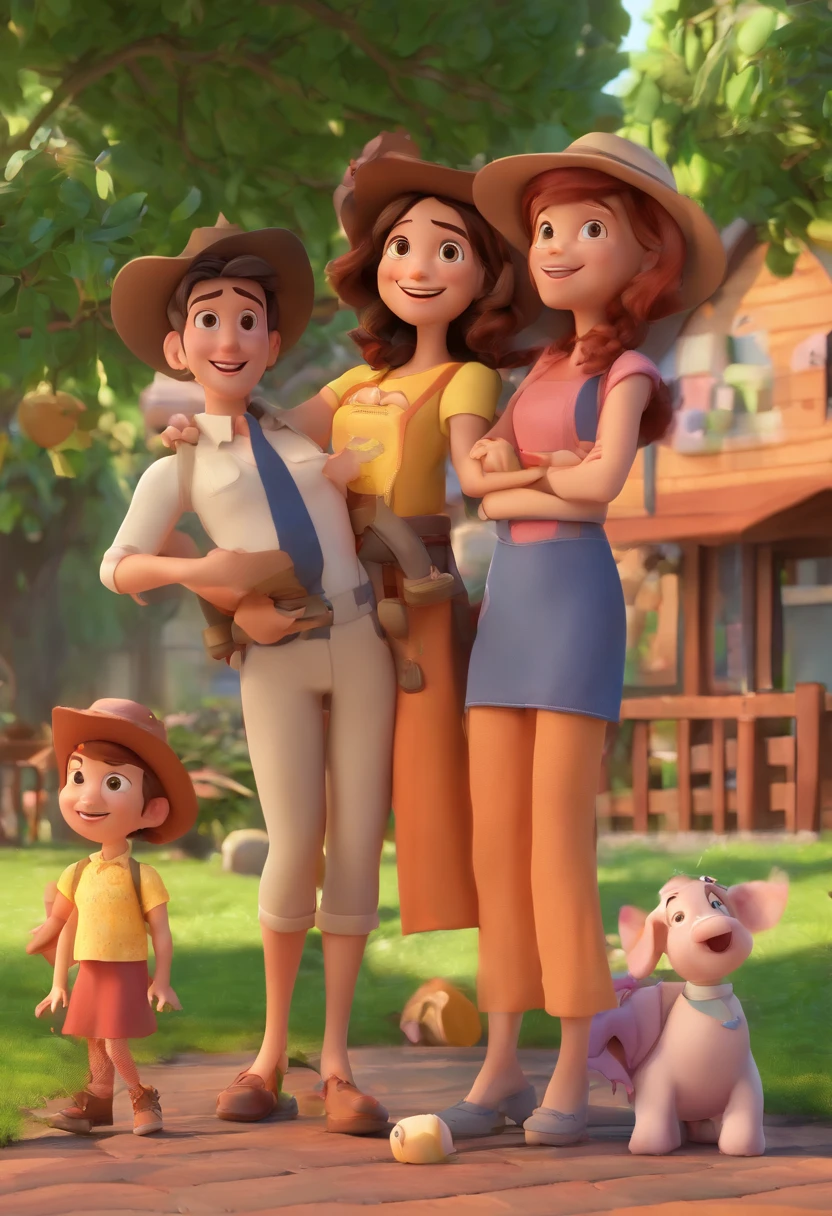 Estilo Pixar: Familia, Um pai, A mother and two girls. Uma de 6 anos e outro de 2 anos . Uma fazenda com vacas lindas e marrom .