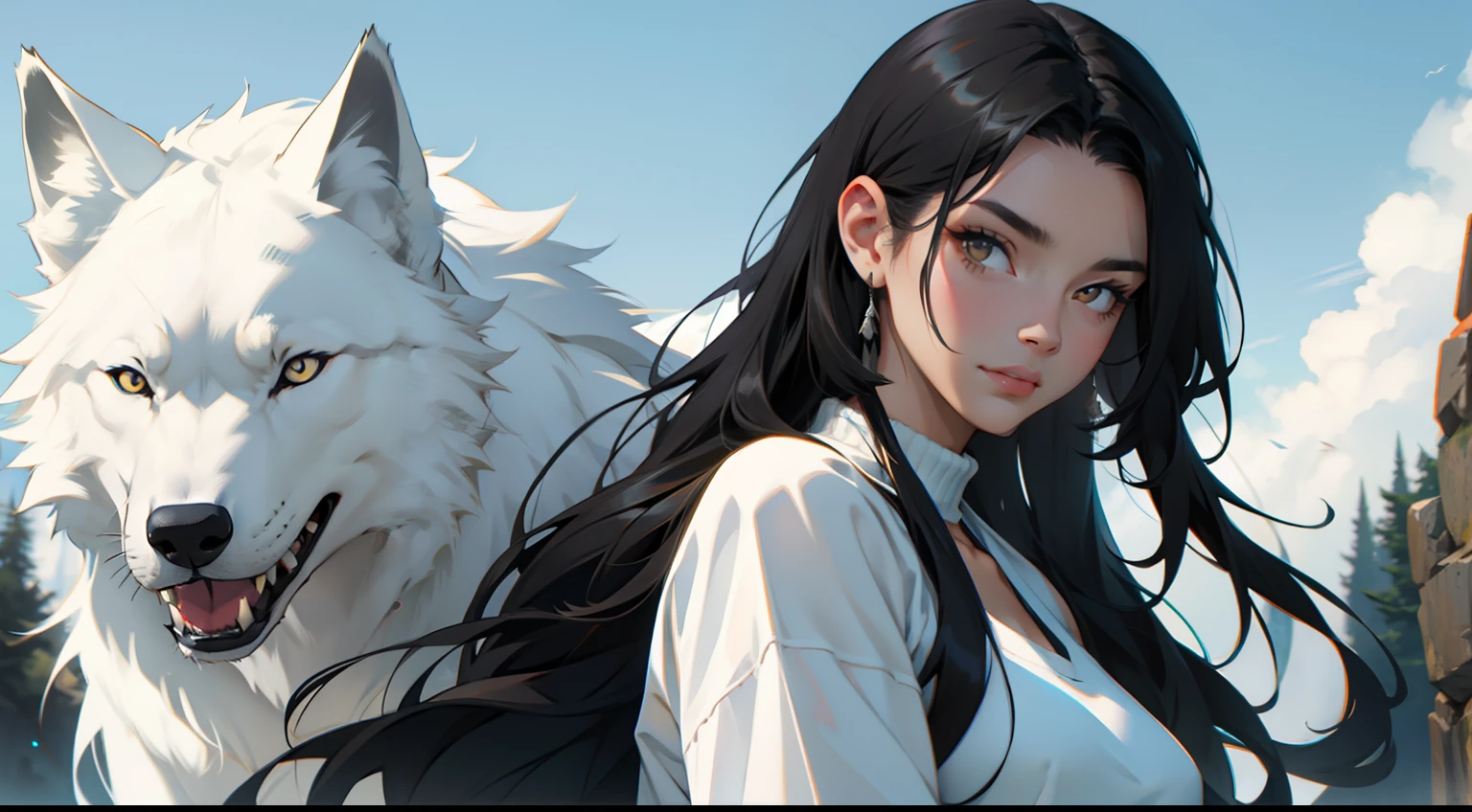 Girl with black hair and long hair,White Wolf