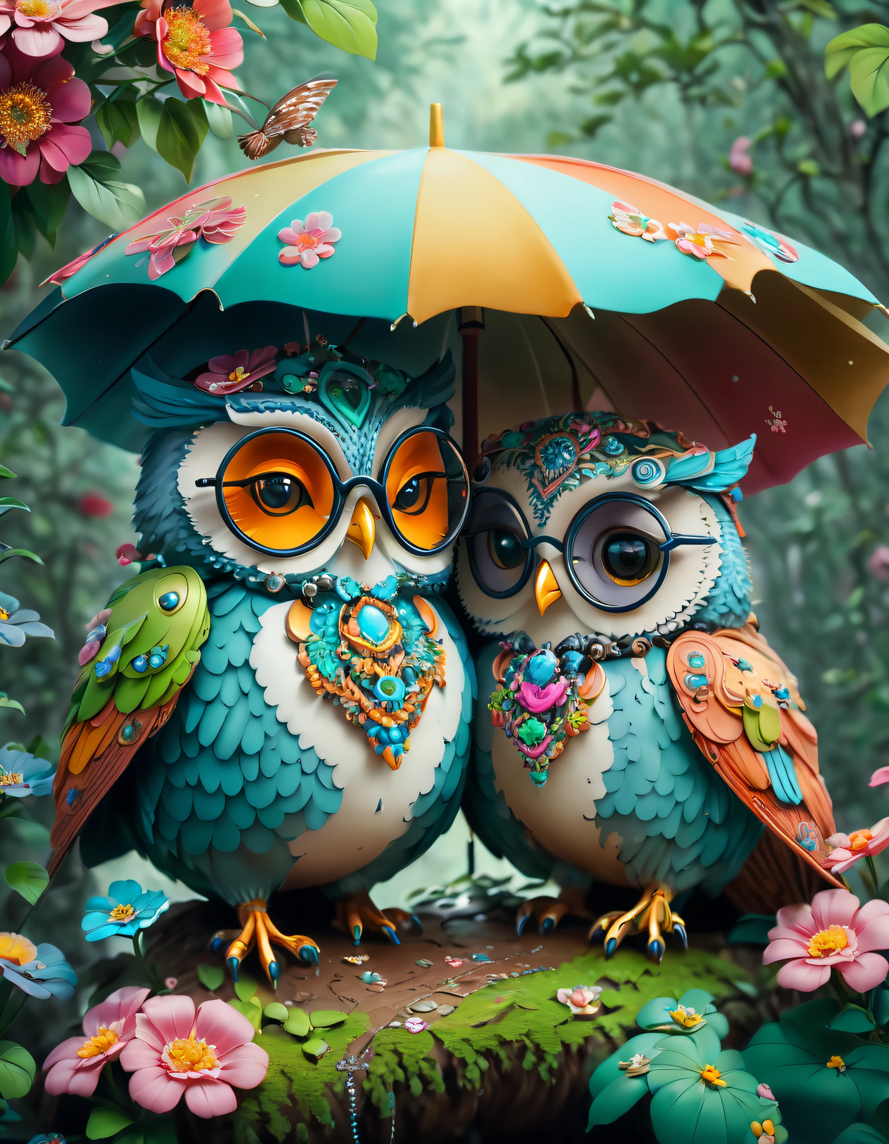 (Paint a colorful owl couple under a large umbrella with flowers), ( Mr. Tall Owl wears big glasses),(The dwarf Mrs. Owl wears a beautiful necklace,)
Background with:rainforests, Cute detailed digital art, lovely digital painting, adorable digital art, Beeple and Jeremiah Ketner, cute owl, cute detailed artwork, cute 3 d render, digital painting highly detailed, cute colorful adorable, highly detailed digital artwork, highly detailed and colored, digital art highly detailed, cute artwork