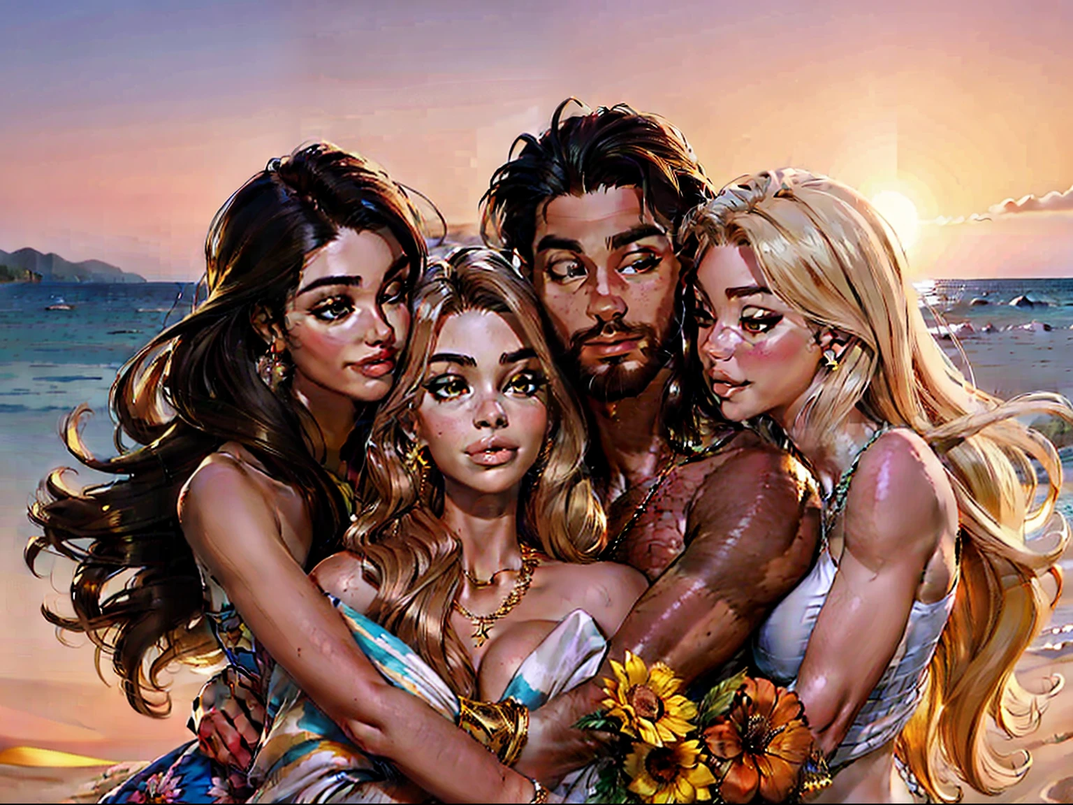 One Handsome Chad hugging three beautiful bitches tackling him and touching him,  dressed for the beach, perfect bodies, women: long flowing hair, flowers in hair, seductive, materials, golden hour, , jewelry, golden hour, photorealistic, masterpiece, in love, grins, perfect faces, Flirtatious, setting: a beach, harem, watercolor, on blanket