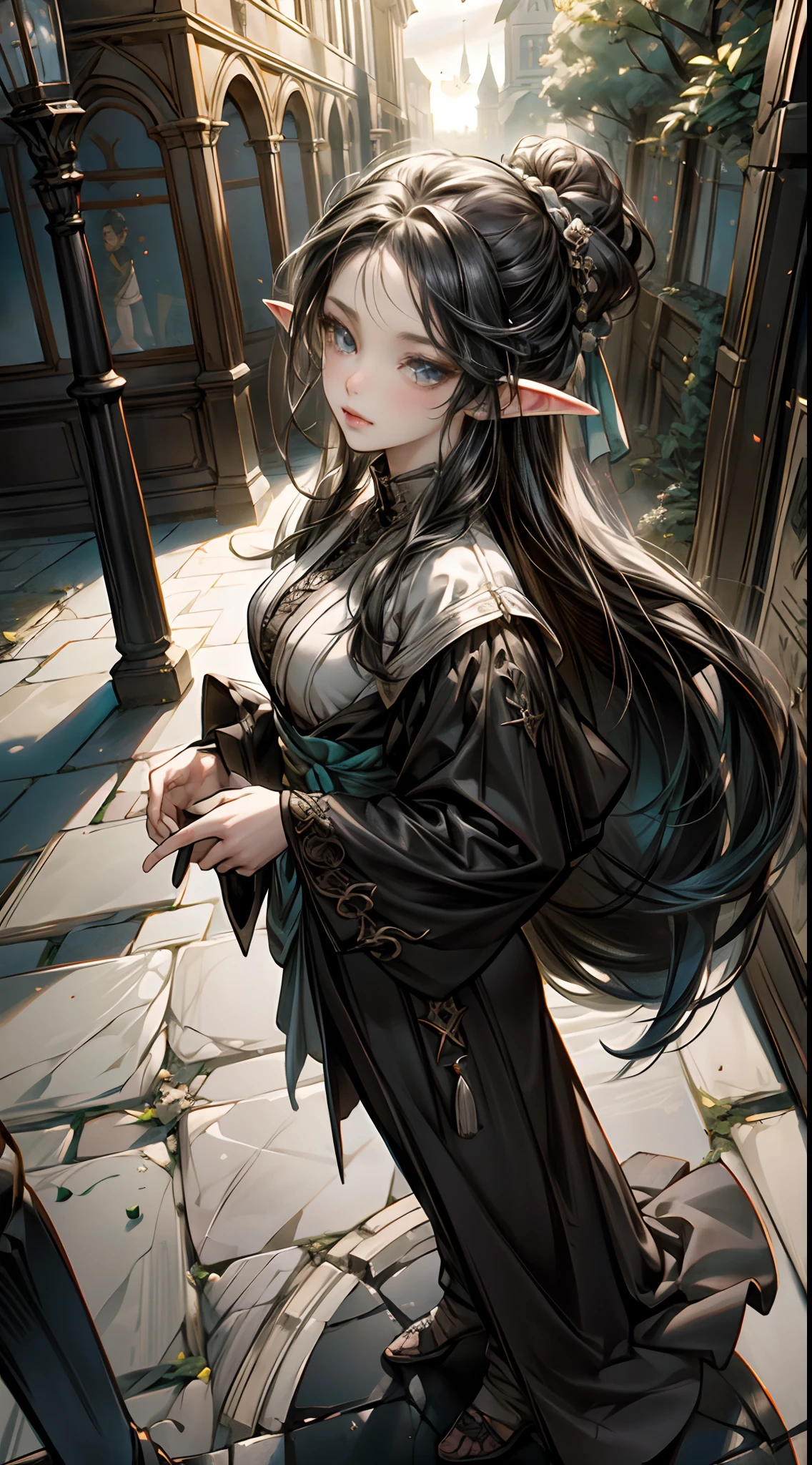Elf walking around, Age of Enlightenment, ((1girl)), Full body character design, Candid Photography, bokeh, Cinematic Lighting, GoPro HERO9 Black, Birds Eye View, by Albert Dros, Gothic Outfit, insanely detailed face and eyes, Perfect lips, by Yusuke Murata.
