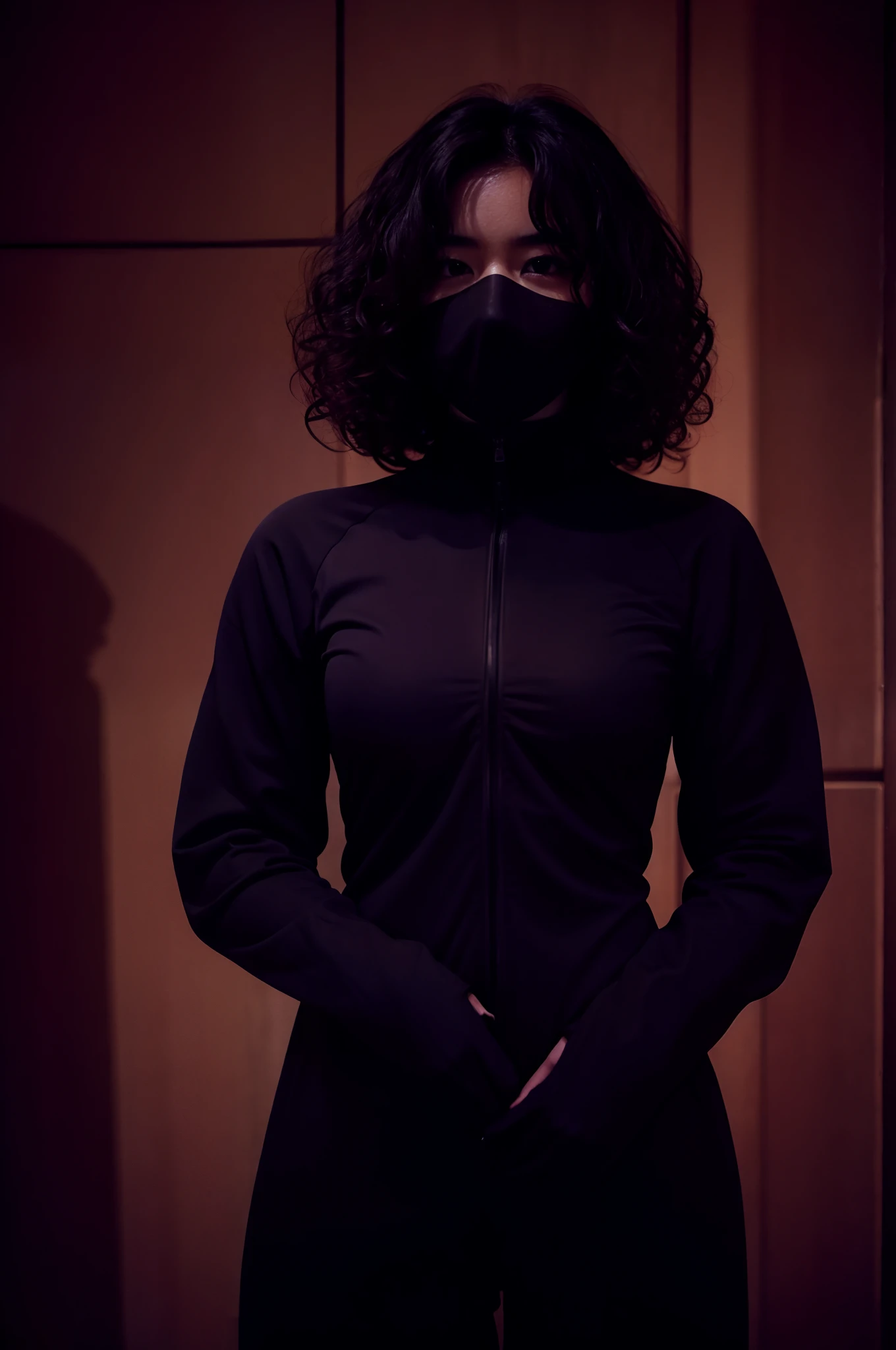 1girl,curly hair,in the dark,deep shadow ninja suit