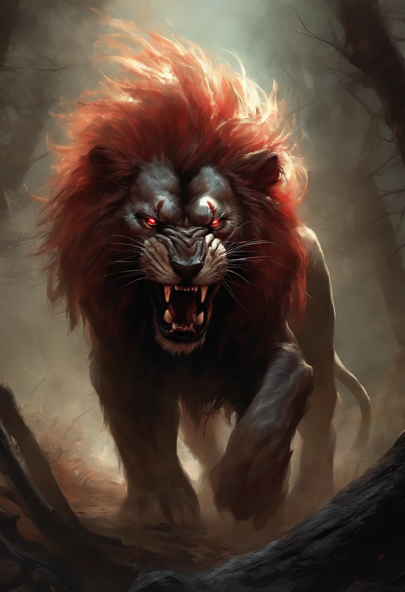 A painting of a humanoid Lion creature with a bloodied fangs, carnage, Sci - Horror Art of Fiction, Science fiction horror artwork, inspired by Aleksi Briclot, wolf, de carnage, Horror fantasy art, par Aleksi Briclot, Horror concept art, venin, Art fantastique et horreur, Detailed illustration of 4K horror, beast creature, Dark Horror Art