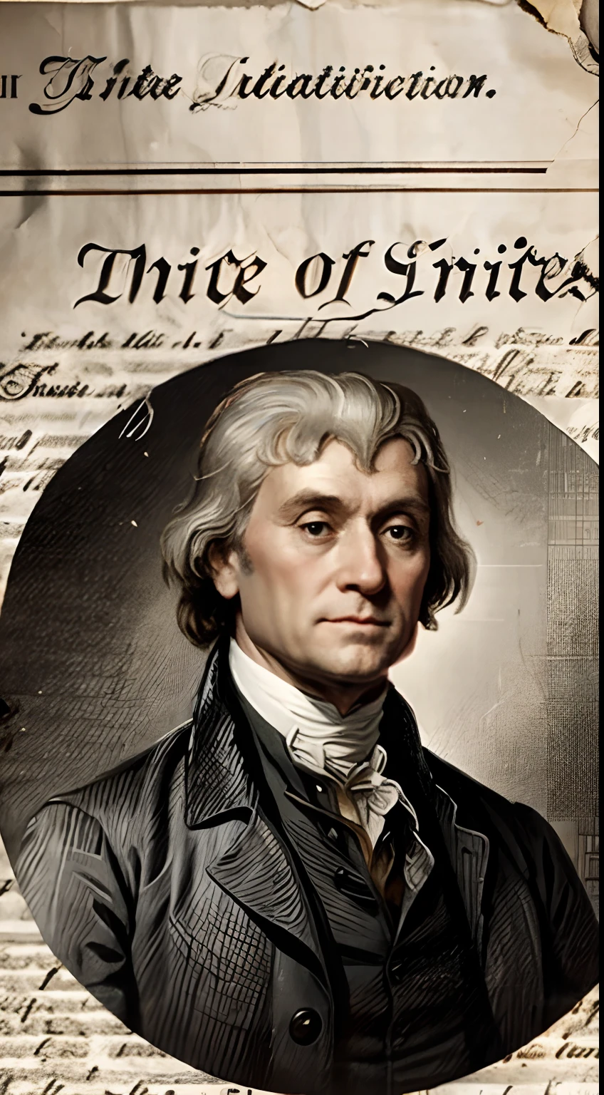 The United States Declaration of Independence was signed by Thomas Jefferson. Behind Thomas is the American flag on July 4, 1776.