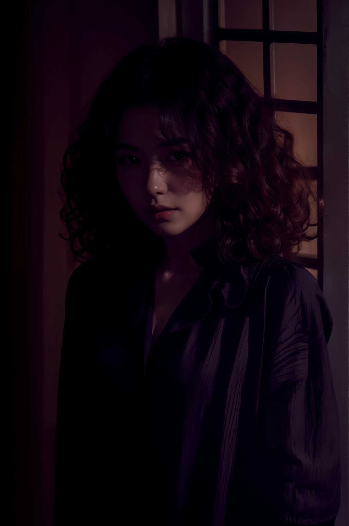 1girl,curly hair,in the dark,deep shadow black clothing