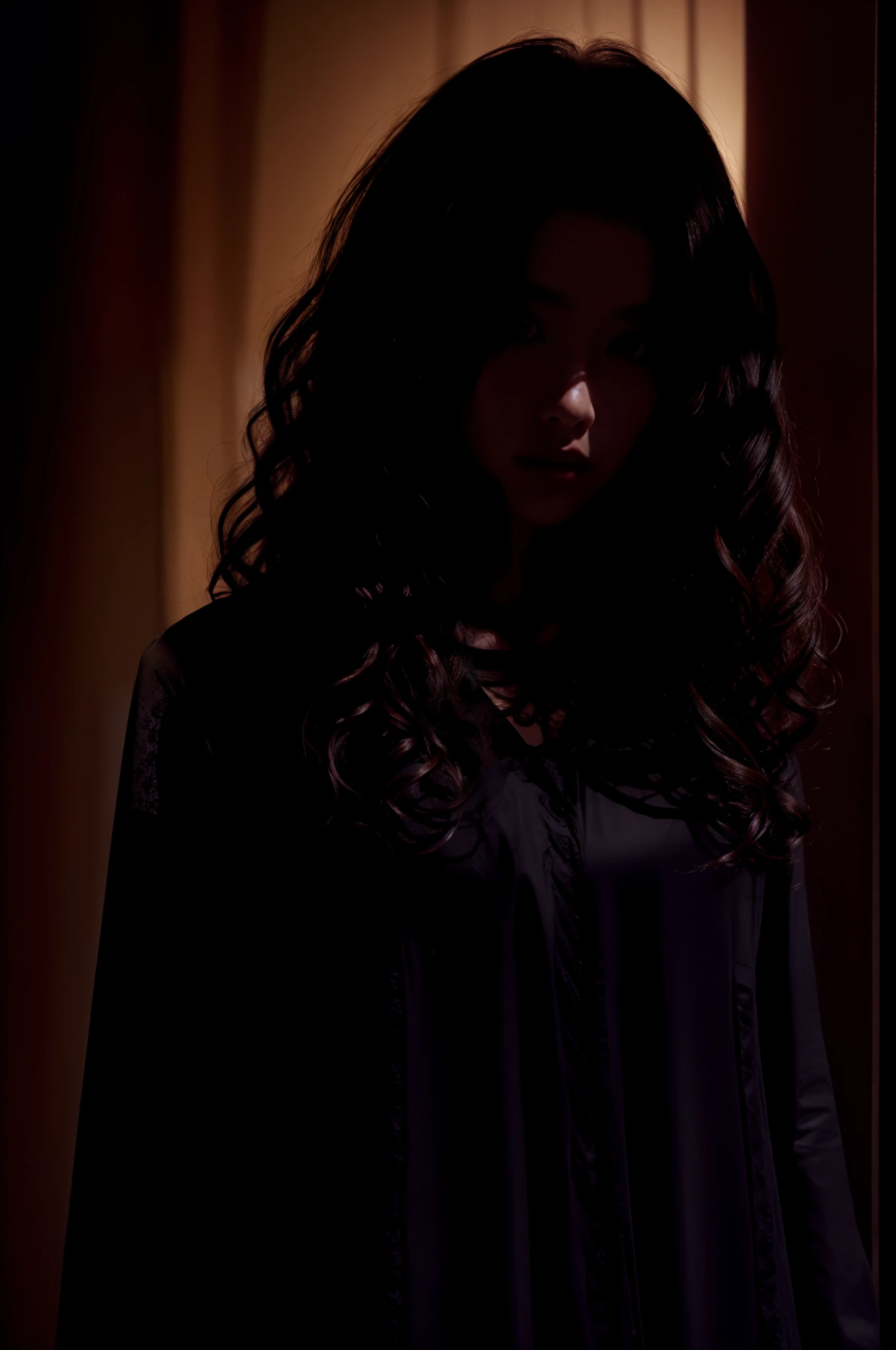 1girl,curly hair,in the dark,deep shadow black clothing