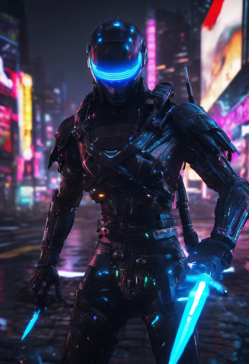 A cyber ninja women in a dystopian world, wearing a sleek black armor suit, with glowing blue eyes and advanced cybernetic enhancements. The ninja is seen in a dynamic action pose, leaping across a neon-lit rooftop, with rain pouring down and reflecting off the slick surface. The cityscape below is filled with towering skyscrapers, illuminated by colorful holographic advertisements. The ninja's katana is drawn, its blade gleaming with blue energy, ready to strike. The overall atmosphere is dark and mysterious, with a futuristic techno vibe. The lighting is dramatic, with intense highlights and deep shadows, creating a sense of depth and tension. The color palette consists of contrasting shades of blue and purple, accentuated by vibrant pops of neon. The artwork should have an ultra-realistic and highly detailed finish, showcasing the intricate design of the ninja's armor and the futuristic cityscape. The final image should be of the highest quality, with a resolution of 4k or higher, displaying the level of detail and skill of a masterpiece.