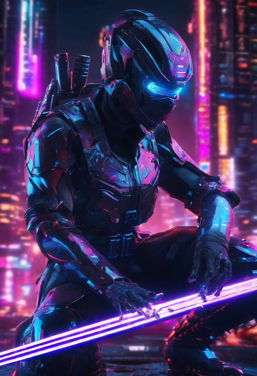 A cyber ninja women in a dystopian world, wearing a sleek black armor suit, with glowing blue eyes and advanced cybernetic enhancements. The ninja is seen in a dynamic action pose, leaping across a neon-lit rooftop, with rain pouring down and reflecting off the slick surface. The cityscape below is filled with towering skyscrapers, illuminated by colorful holographic advertisements. The ninja's katana is drawn, its blade gleaming with blue energy, ready to strike. The overall atmosphere is dark and mysterious, with a futuristic techno vibe. The lighting is dramatic, with intense highlights and deep shadows, creating a sense of depth and tension. The color palette consists of contrasting shades of blue and purple, accentuated by vibrant pops of neon. The artwork should have an ultra-realistic and highly detailed finish, showcasing the intricate design of the ninja's armor and the futuristic cityscape. The final image should be of the highest quality, with a resolution of 4k or higher, displaying the level of detail and skill of a masterpiece.