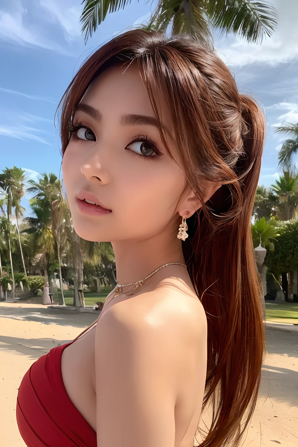 (top-quality:1.1)、(Photorealsitic:1.1)、(a picture:1.1)、(ighly detailed:1.1)、viewer、armlet、Jade Bracelet、Jade Earrings、Eye lashes、Medium chest、a beautiful detailed girl、(extremely detailed eye and face)、(lighting on the face)、jade necklace、Ultra Micro Bikini in White、(独奏:1.2)、(shores、Palm trees)、(Skin glowing in the light of the setting sun)、see -through、NSFW、Light brown eyes、(((Hair fluttering in strong winds)))、((Anatomically perfectly balanced style))、Cute poses、sexypose、Blue big eyes、Full body like、red brown hair
