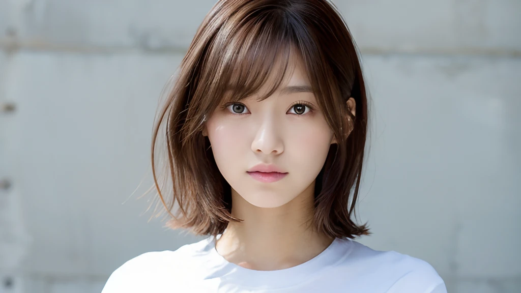 (top-quality、16K resolution)女の子1人、独奏、natural soft light、small tits、A Japanese Lady、Looking at the camera、Long sleeve white T-shirt、Concrete background、Facing the front、is standing、bobhair、Woman in her late teens、Light bangs、short-hair、Salon model、Natural look、portlate、floated hair、Rolled hair