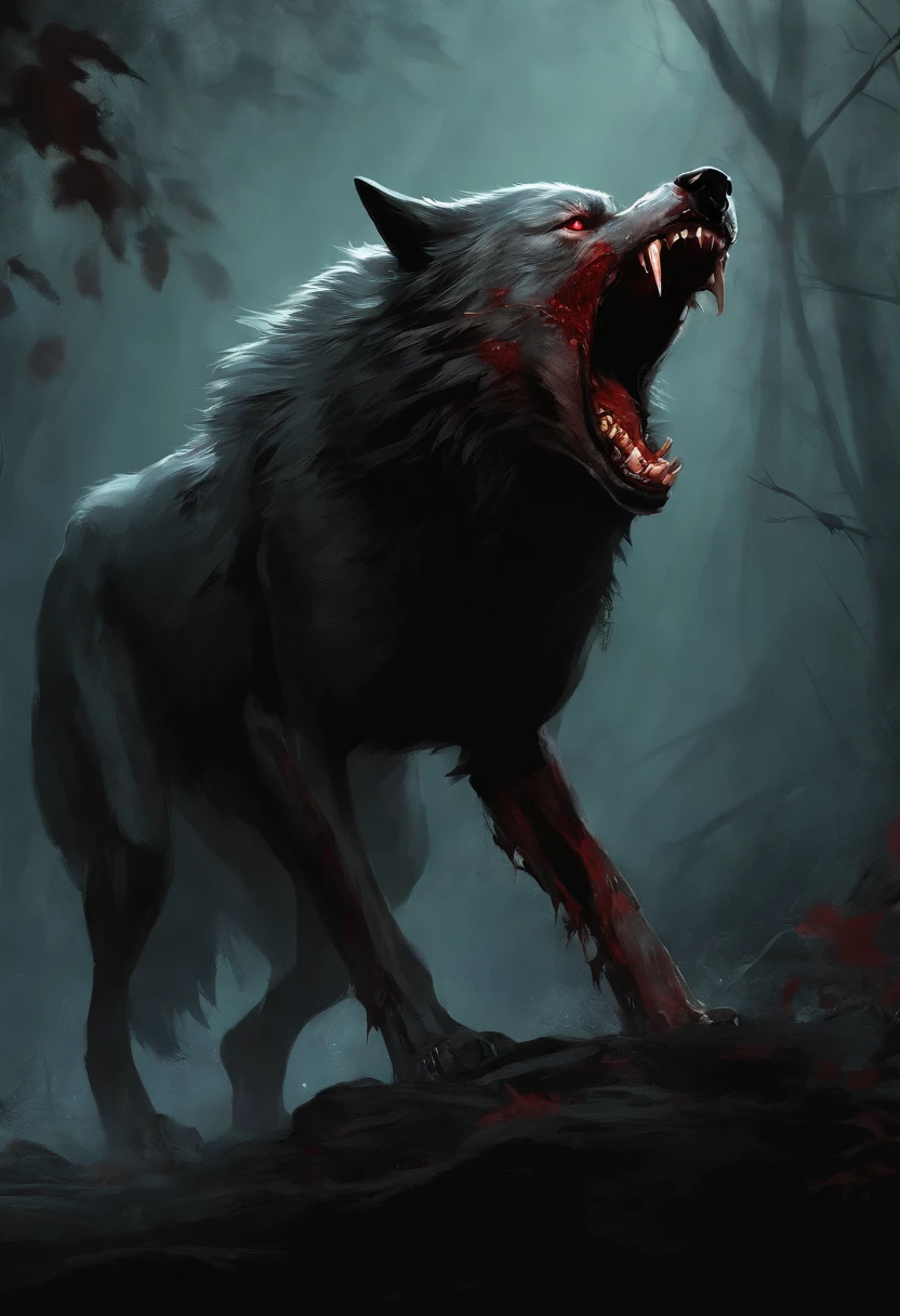 A painting of a wolf creature with a bloodied fangs, carnage, Sci - Horror Art of Fiction, Science fiction horror artwork, inspired by Aleksi Briclot, wolf, de carnage, Horror fantasy art, par Aleksi Briclot, Horror concept art, venin, Art fantastique et horreur, Detailed illustration of 4K horror, beast creature, Dark Horror Art