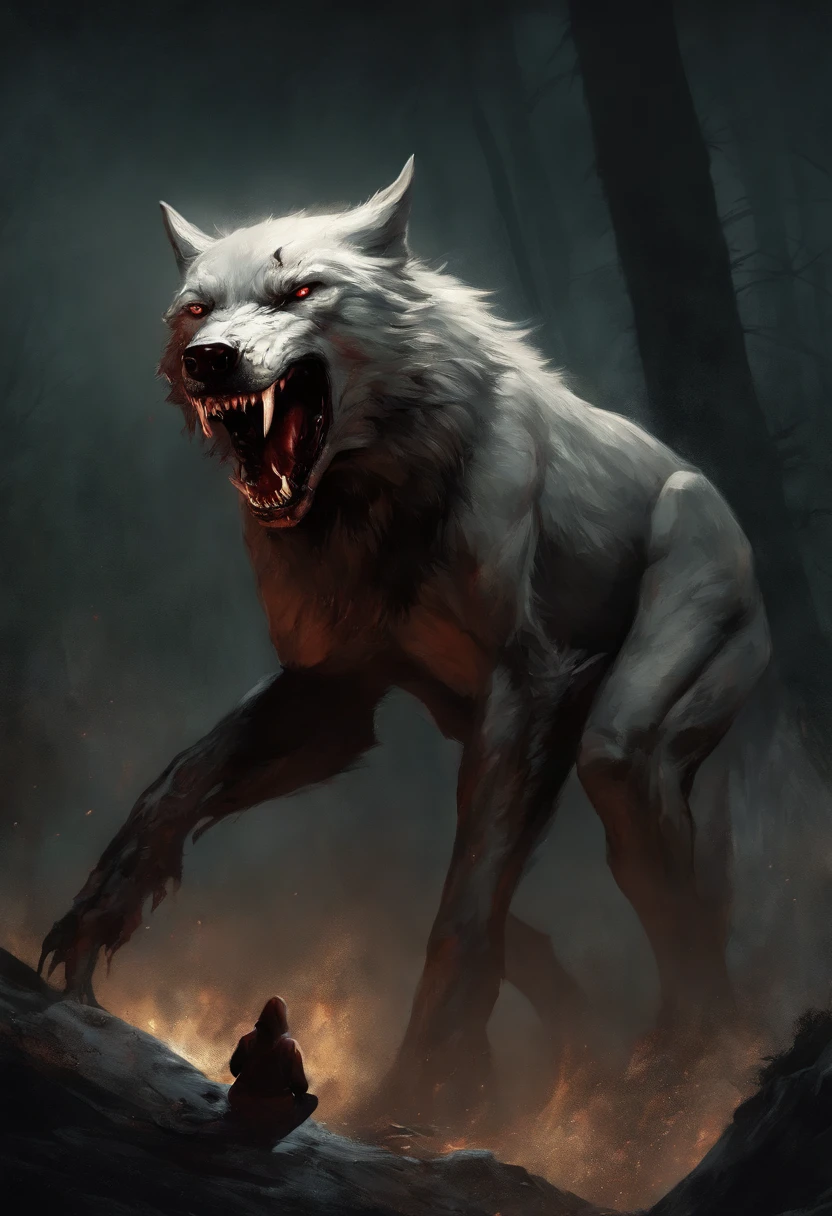 A painting of a wolf creature with a bloodied fangs, carnage, Sci - Horror Art of Fiction, Science fiction horror artwork, inspired by Aleksi Briclot, wolf, de carnage, Horror fantasy art, par Aleksi Briclot, Horror concept art, venin, Art fantastique et horreur, Detailed illustration of 4K horror, beast creature, Dark Horror Art