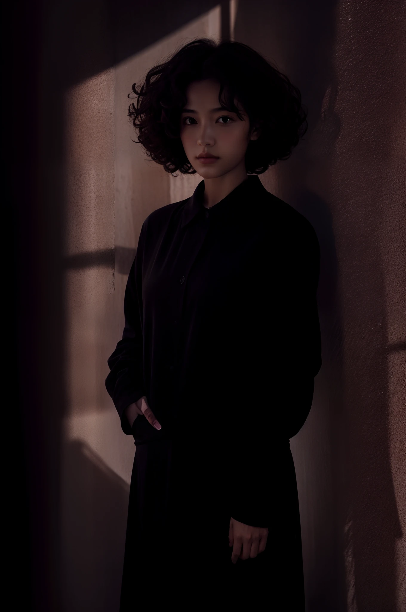1girl,curly hair,in the dark, medium shadow black clothing