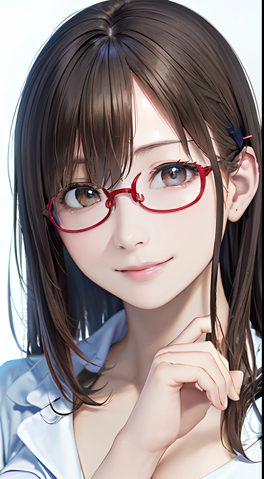 (top-quality、8K、32K、​masterpiece、nffsw:1.2)、(Raw photography)、(realisitic)、(Photorealsitic:1.2)、(hight resolution)、ultra-detailliert、extremely beautiful face and eyes、1girl in、round small face、big breasts thin waist、Delicate body、(a closeup、top-quality、high detailing、rich skin detail、nffsw)、(Best Quality、8K、Oil Painting、masutepiece:1.2)、Ultra-detailed、(Realistic、Photorealistic:1.37)、Vibrant colors、(((I'm wearing a lab coat)))、(((Wearing a white coat like a doctor)))、(((I'm wearing a light blue inner garment)))、(((cleavage of the breast)))、(((light brown hair)))、(((Very long hair)))、(((Wearing red-rimmed glasses)))、(((bustshot)))、(((White wall background)))、(((Bangs are fastened with hairpins)))、(((wearing lab coat)))、(((Thrilling look)))、(((I'm wearing a light blue inner garment)))、(((I'm sweating)))、(((The face is flushed)))、(((I love you)))、(((The face is tense)))、(((Smiling)))、(((I'm hugging myself with my hands)))、(((Female face)))、(((Kamimei)))